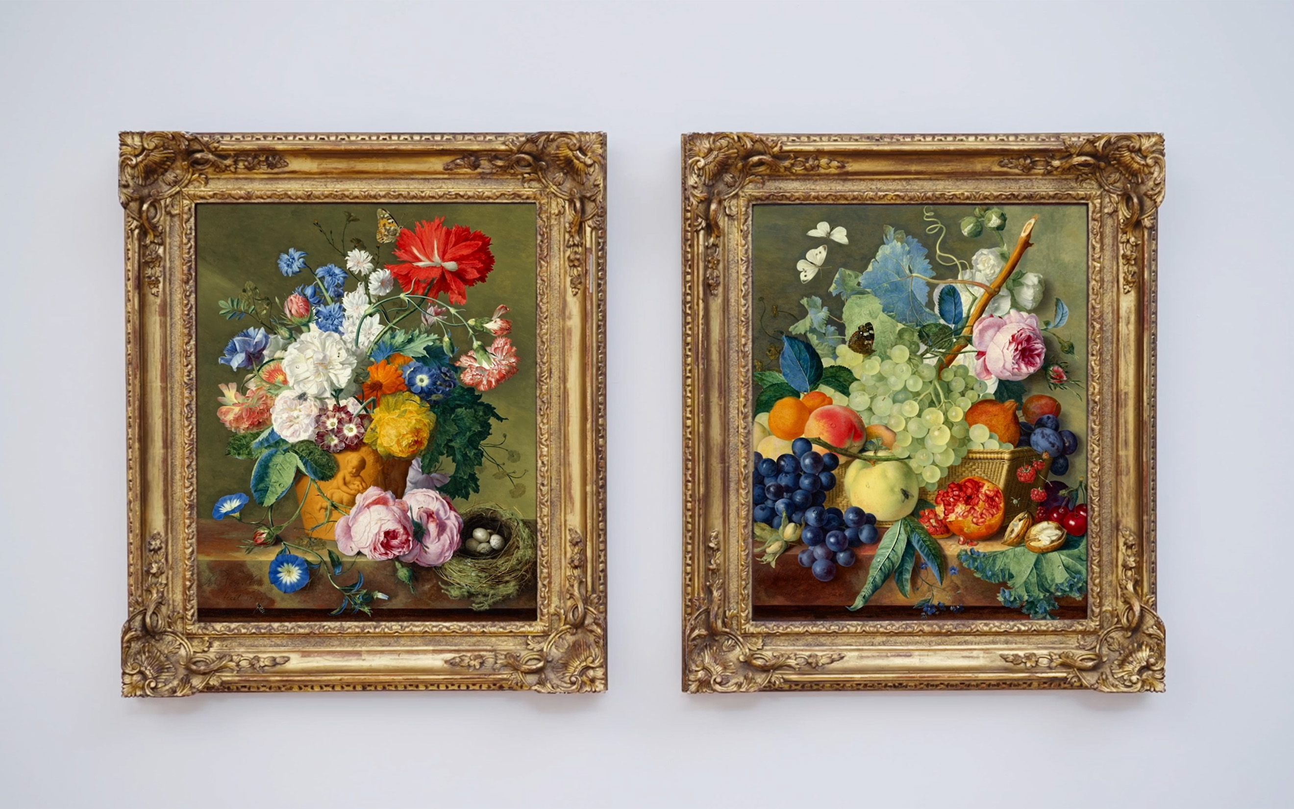 Jan van Huysum, a pair: Roses and other flowers in a terracotta vase with a bird's nest on a marble ledge, 1744; and Fruit, roses and peonies in a basket with hazelnuts on a marble ledge, 1744-45, offered in the Old Masters Evening Sale on 1 July 2025 at Christie's in London