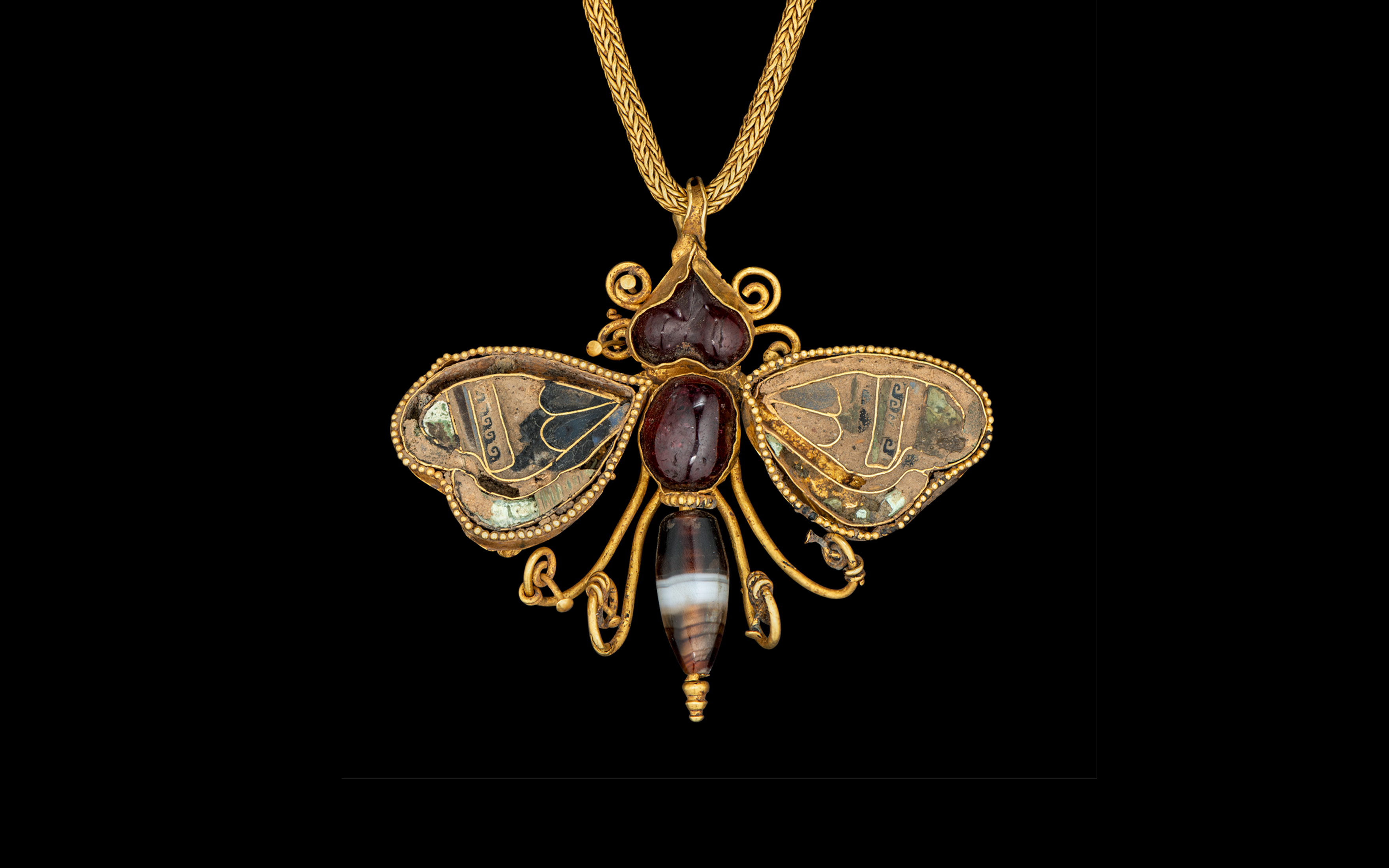 A Greek gold necklace with hardstone and glass inlaid butterfly pendant, Hellenistic period, late 2nd to early 1st century B.C., offered in Antiquities on 2 July 2025 at Christie's in London. In the short film above, Marisa Hordern, founder of London-based jeweller Missoma, talks to Christie's Antiquities specialist Chanel Beaumont about ancient jewellery and its influence on contemporary design