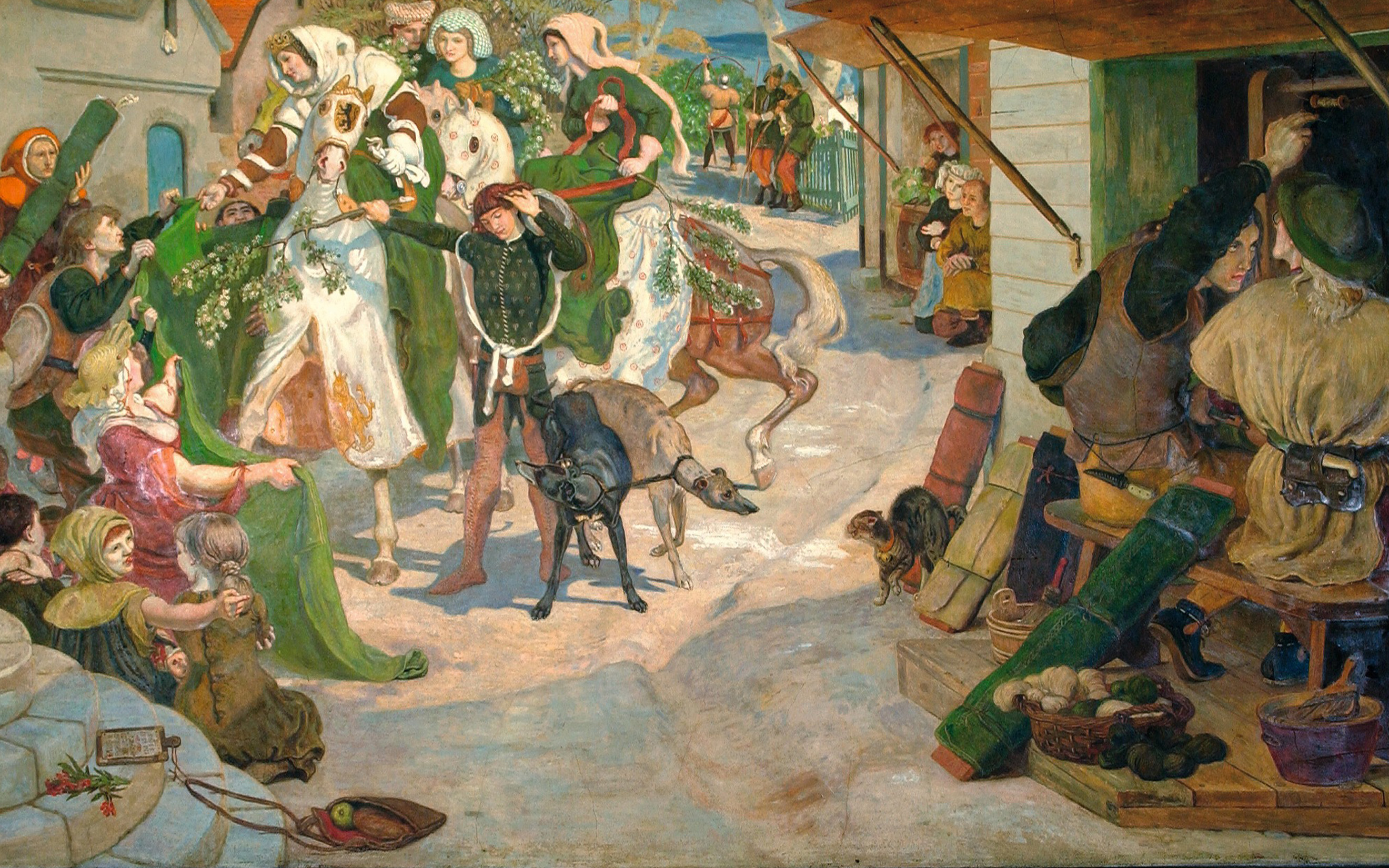 Ford Madox Brown, The Establishment of Flemish Weavers in Manchester, A.D. 1363. In this painting, one of 12 murals painted by Ford Madox Brown in Manchester Town Hall between 1879 and 1893, Queen Philippa of Hainault is greeted by some of the weavers who had been invited to England under her husband Edward III's act of 1337