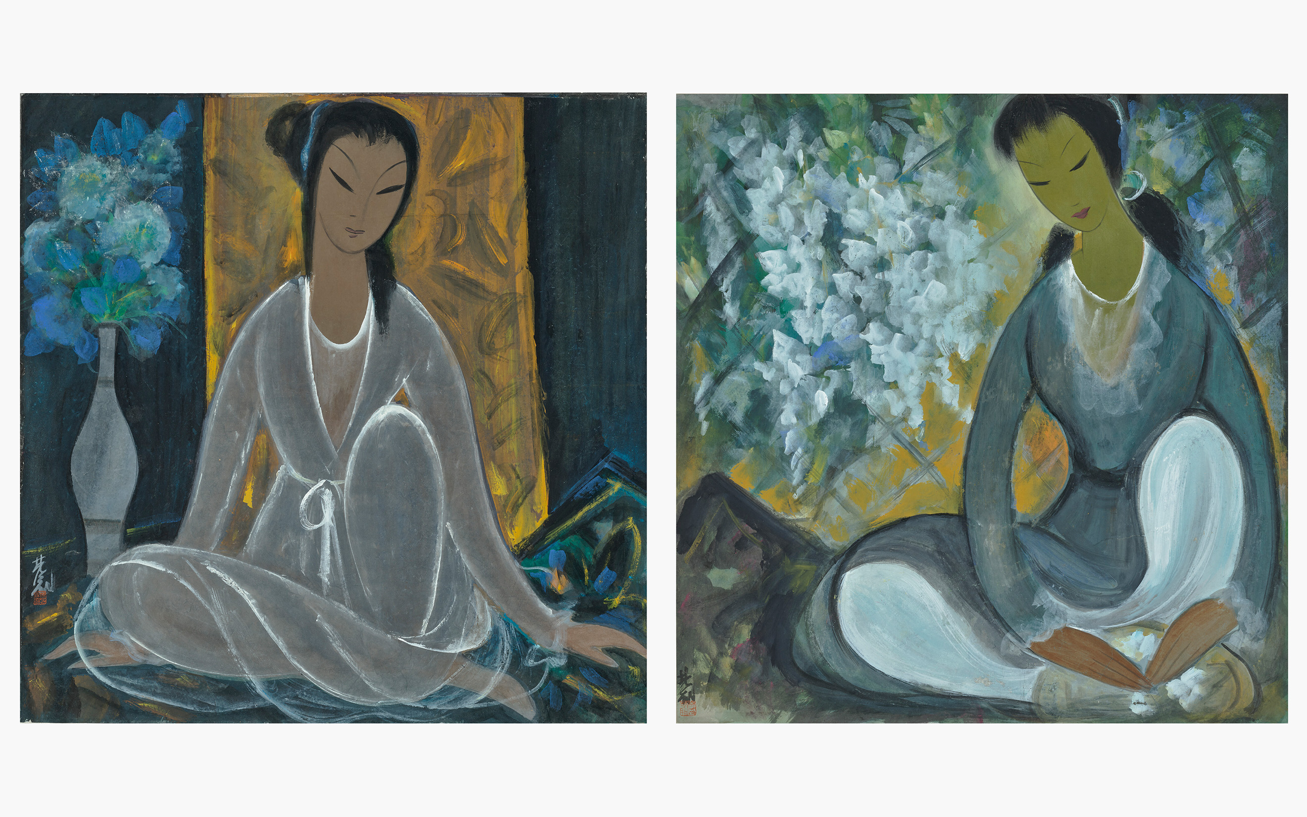 Lin Fengmian's Femme avec des fleurs bleues, left, and Femme assise avec des fleurs. Both offered in Art d'Asie on 10 June 2025 at Christie's in Paris
