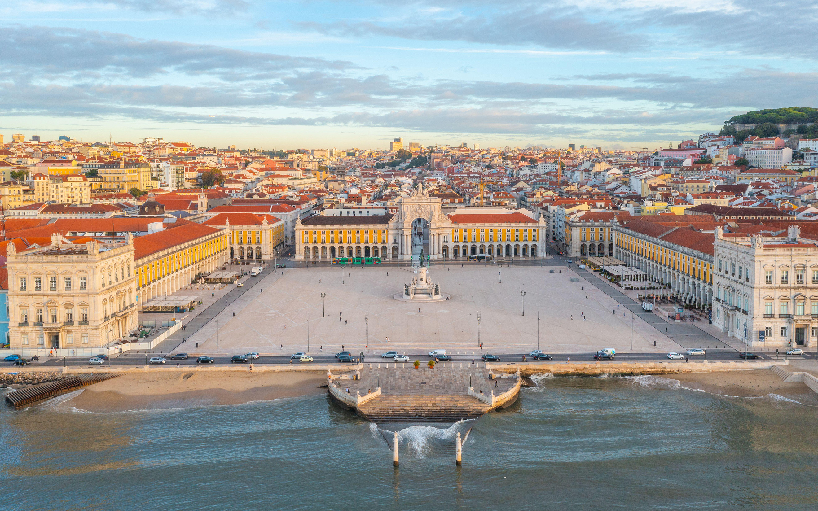 An aerial view of the Praca do Comercio, Lisbon’s principal square, overlooking the Tagus River. It stands on the site of a royal palace that was destroyed by the great earthquake of 1755