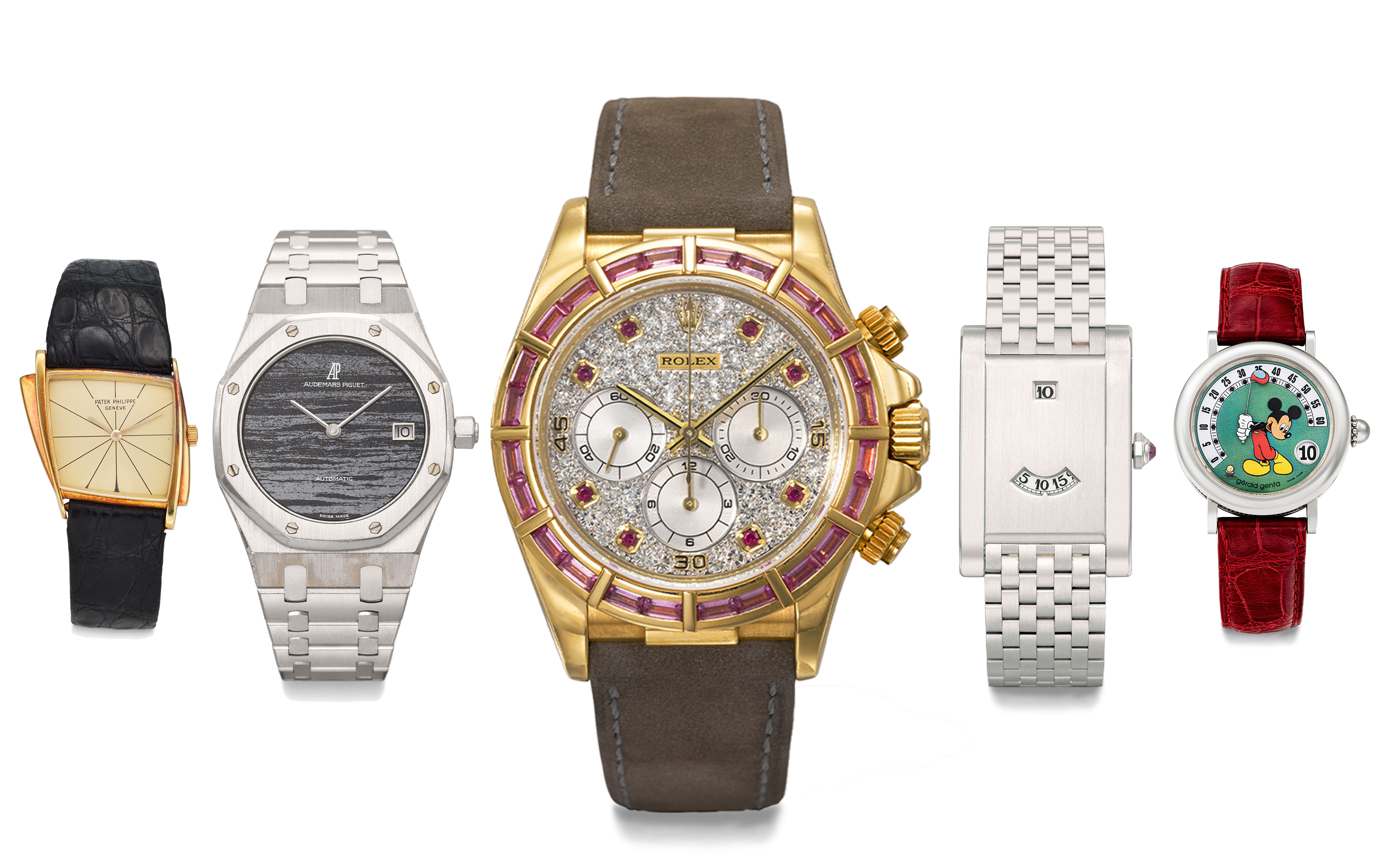 Left to right: Patek Philippe. An 18k gold asymmetrical wristwatch, 1959; Audemars Piguet. The only known 18k white gold automatic wristwatch with date, ferrite dial and bracelet, circa 1993; Rolex. An 18k gold, diamond and pink sapphire-set automatic chronograph wristwatch with baguette-cut pink sapphire bezel, circa 1995; Cartier. A platinum limited edition jump hour wristwatch, 1997; Gerald Genta. A stainless steel and mother-of-pearl Retro Fantasy with Mickey Mouse jump hour wristwatch