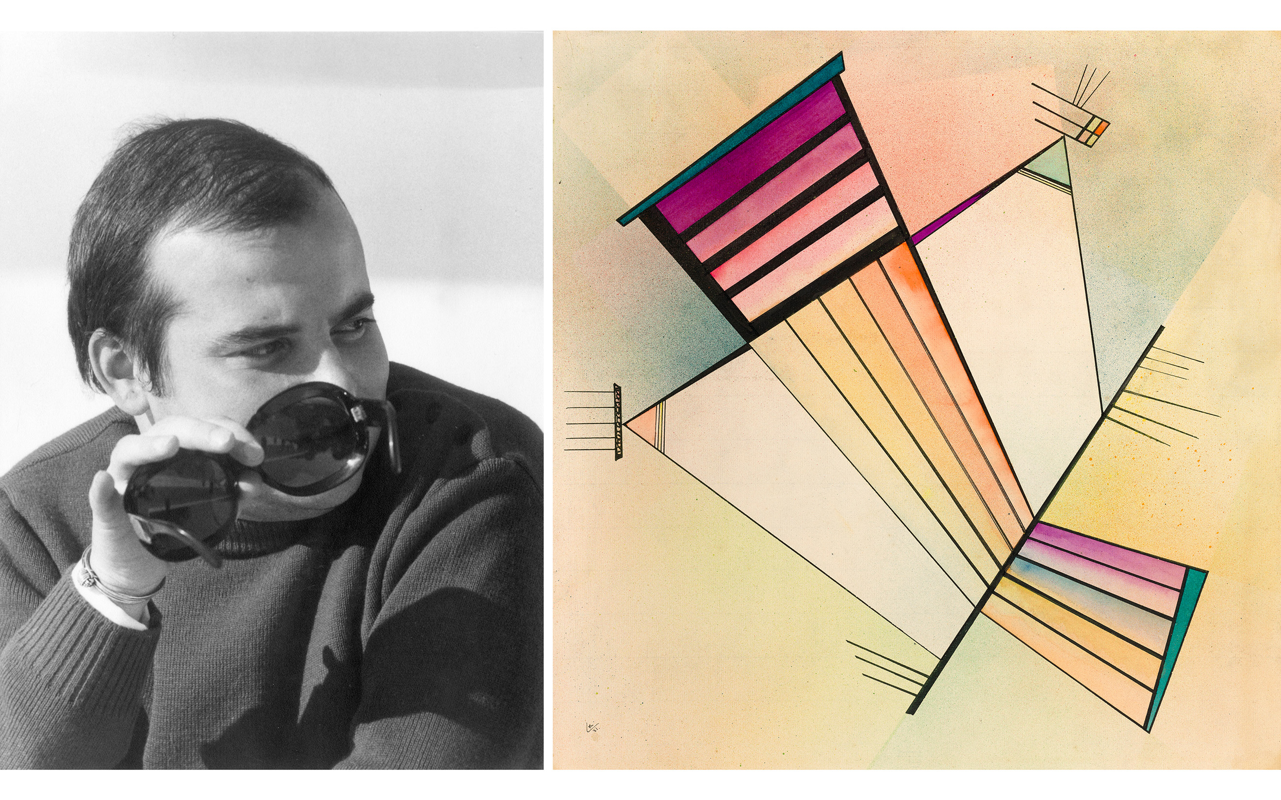 Left: Daniel Abadie in 1974, photographed by Hans Hartung. Right: Wassily Kandinsky, Standhaft, 1931, offered in Collection Daniel Abadie, Une vie d'artistes on 30 September 2025 at Christie's in Paris