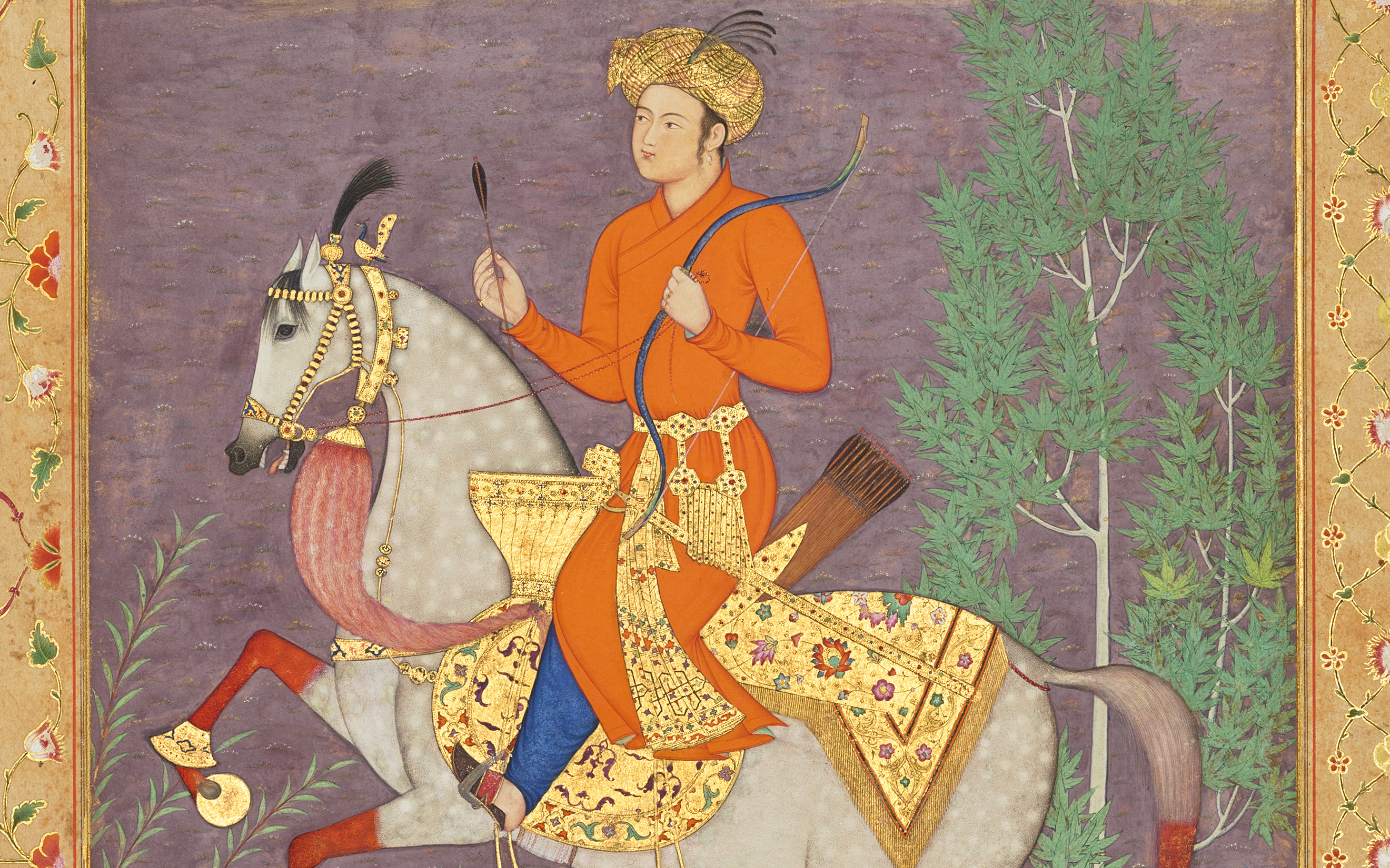 A Prince Hawking, the painting attributed to Muhammad Ali, Mughal India, circa 1610; the margins Mughal India, circa 1650-58, offered in Exceptional Paintings from the Personal Collection of Prince and Princess Sadruddin Aga Khan on 28 October 2025 at Christie's in London