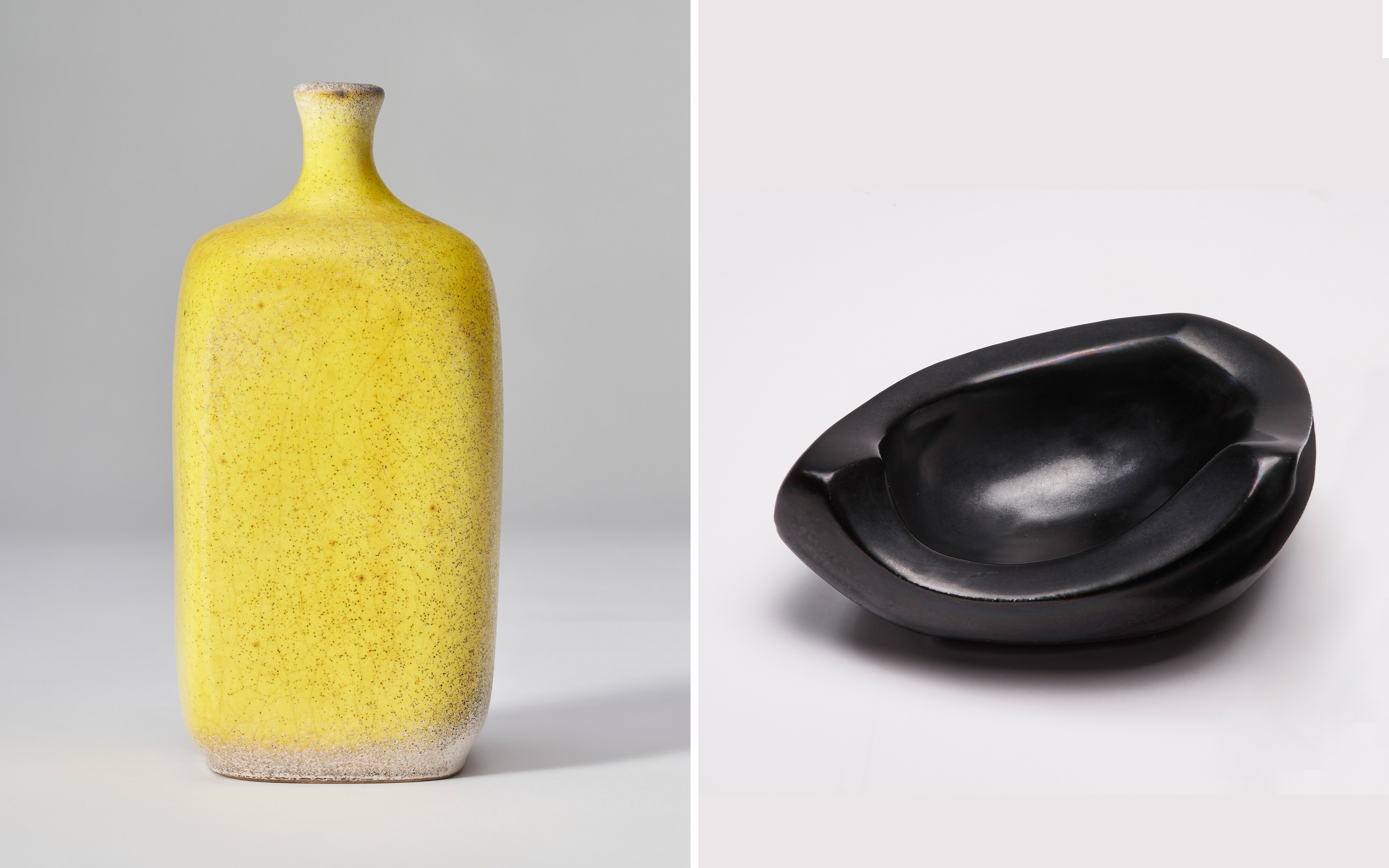 Georges Jouve, Vase, circa 1955, sold for $21,420 on 7 March 2023 at Christie's in New York. Right: Georges Jouve, Vide poche, circa 1955, sold for $10,710 on 7 March 2023 at Christie's in New York