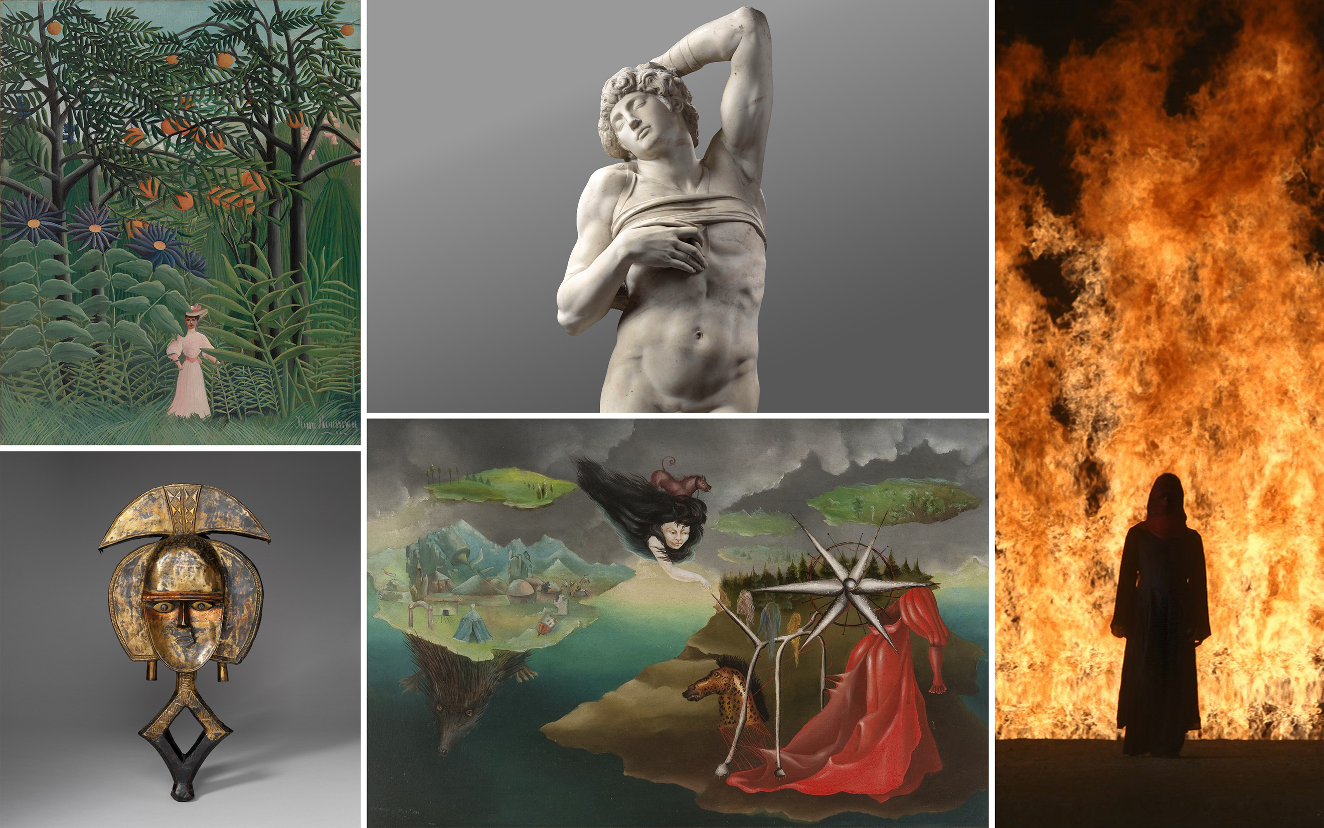 Works by Henri Rousseau (musee d'Orangerie), Michelangelo (Louvre), Bill Viola (Bourse de Commerce), Leonora Carrington (Musee du Luxembourg) and a Kota reliquary guardian figure, Gabon (musée du quai Branly)