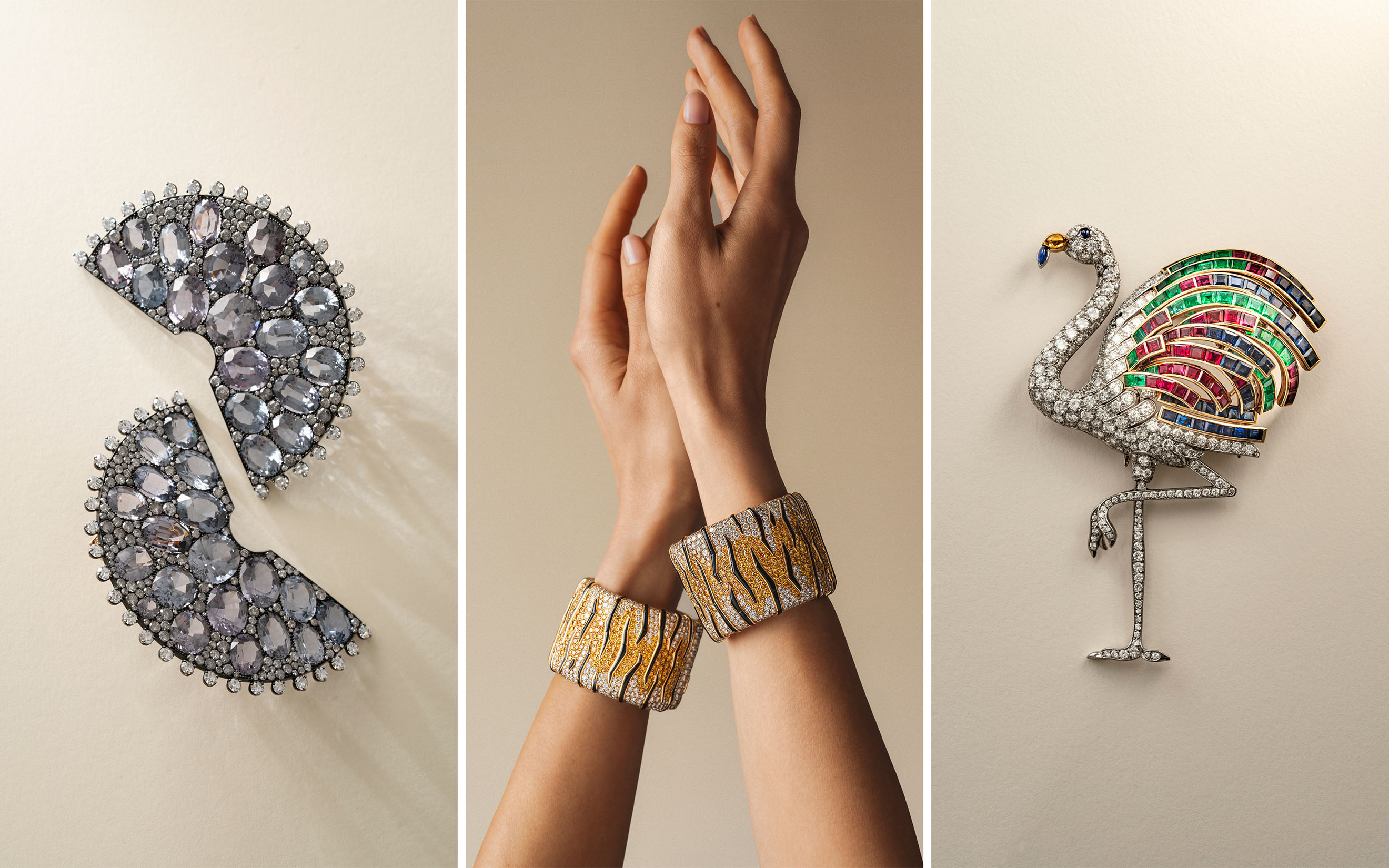 From left: a pair of JAR spinel and diamond earclips; a pair of Cartier coloured diamond, diamond and onyx Tiger cuffs; a Cartier multi-gem flamingo brooch. All offered in Magnificent Jewels on 13 May 2026 at Christie's in Geneva