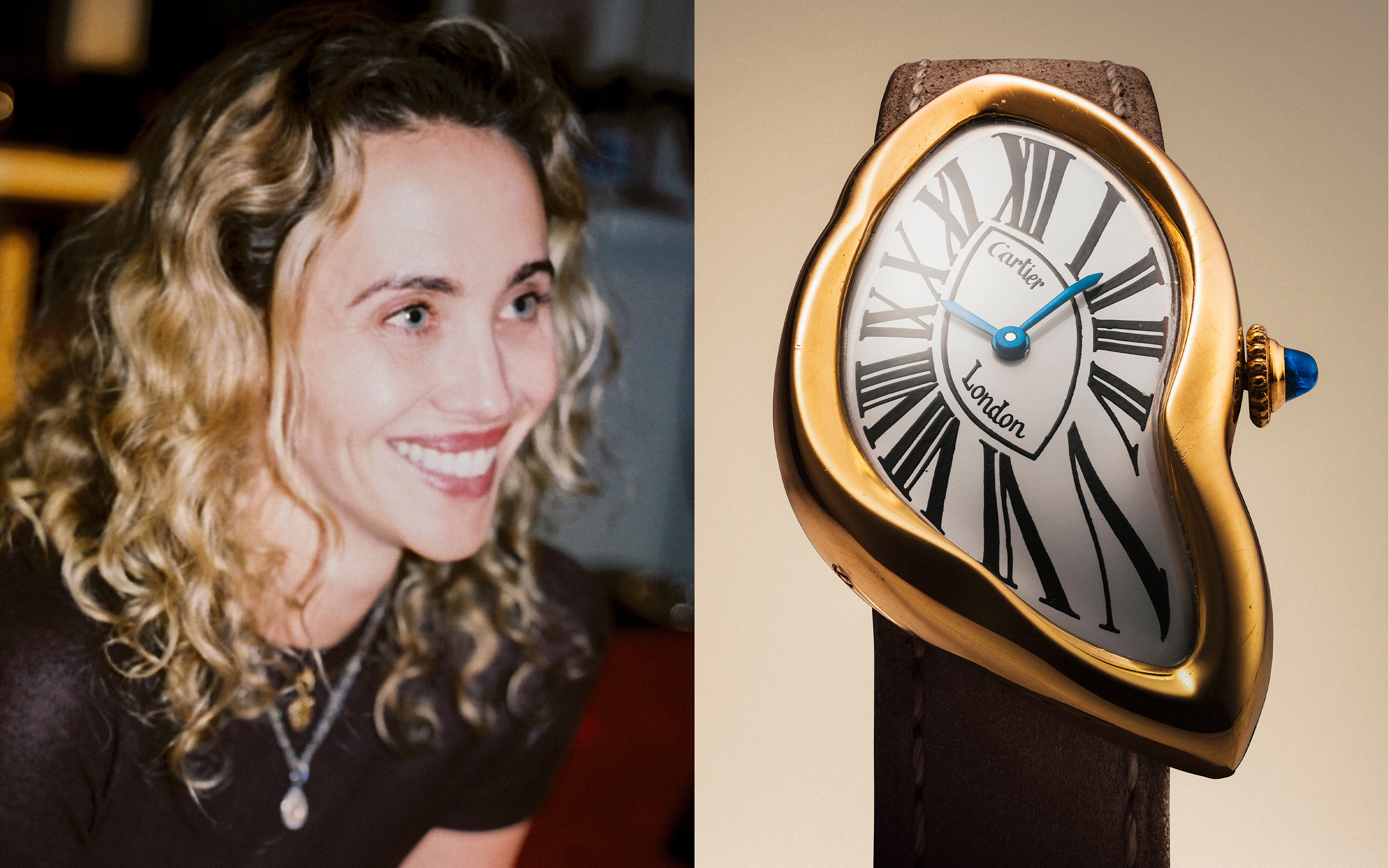 ​Left, Los Angeles-based editor and boutique owner Laurel Pantin. Right, an exceptionally rare and important 18k gold asymmetric wristwatch, London Crash model, offered in Rare Watches on 11 and 12 May 2026 at Christie's in Geneva