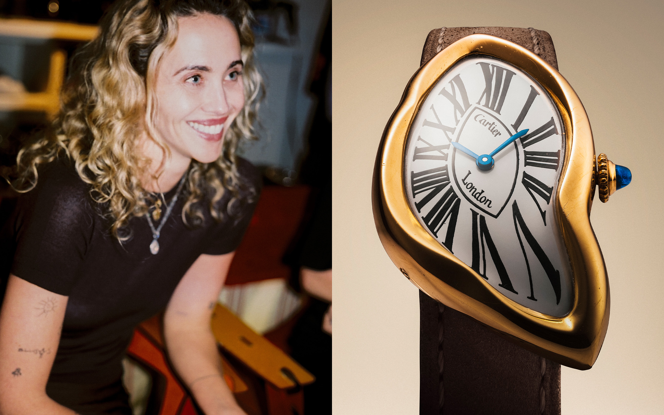 ​Left, Los Angeles-based editor and boutique owner Laurel Pantin. Right, an exceptionally rare and important 18k gold asymmetric wristwatch, London Crash model, offered in Rare Watches on 11 and 12 May 2026 at Christie's in Geneva