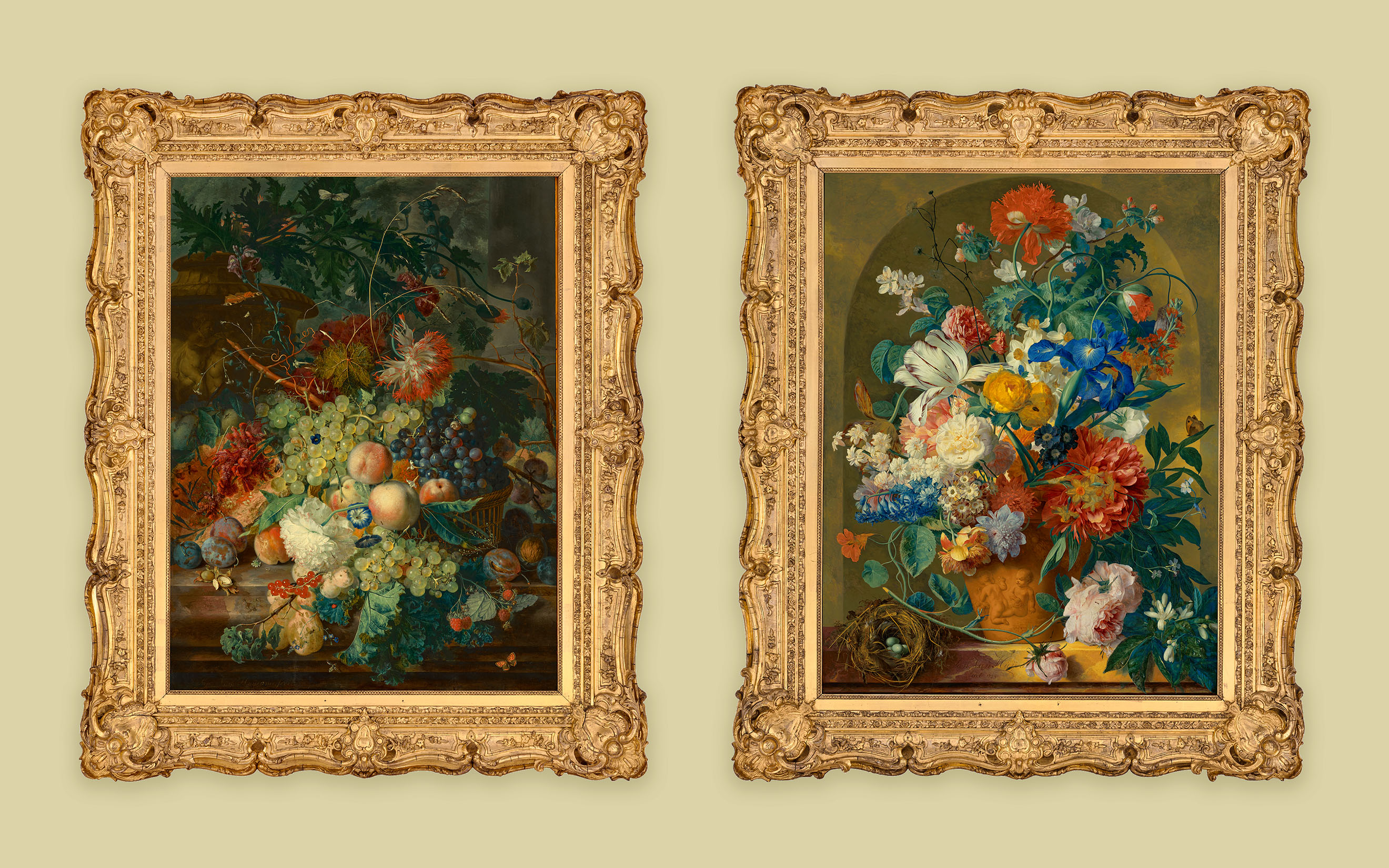 Jan van Huysum, left: Fruit and flowers in a wicker basket; right: Flowers in a terracotta vase, 1734. Both offered in the Old Masters Evening Sale on 30 June 2026 at Christie's in London