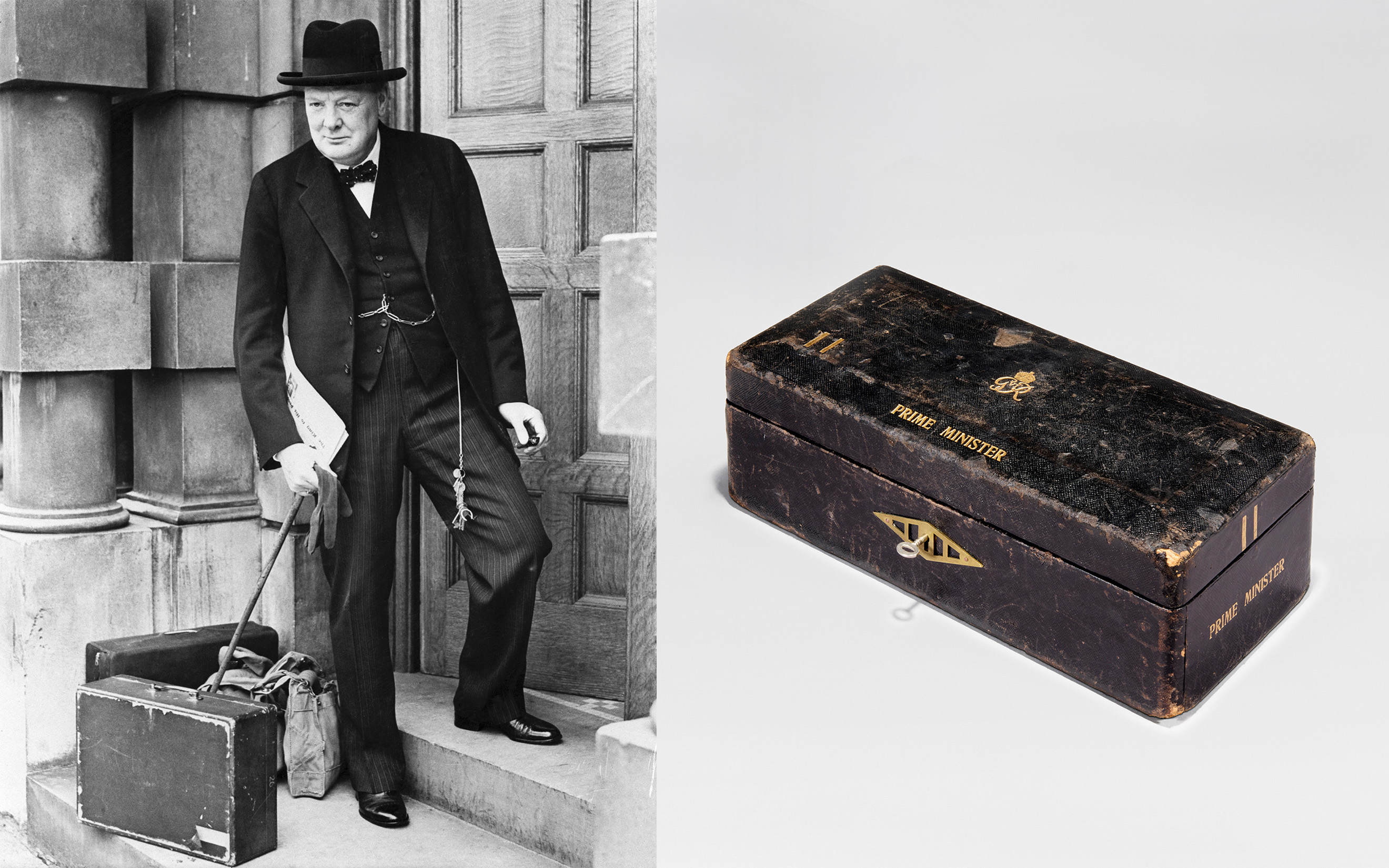 Winston Churchill arrives at the Admiralty, London, on 3 September 1939, having been reinstalled as First Lord of the Admiralty by Neville Chamberlain. Eight months later, having replaced Chamberlain as prime minister, he would have had occasion to use this George VI gilt embossed black leather prime ministerial despatch box, circa 1940, offered in The Exceptional Sale: Masterworks Across Cultures on 30 June 2026 at Christie's in London