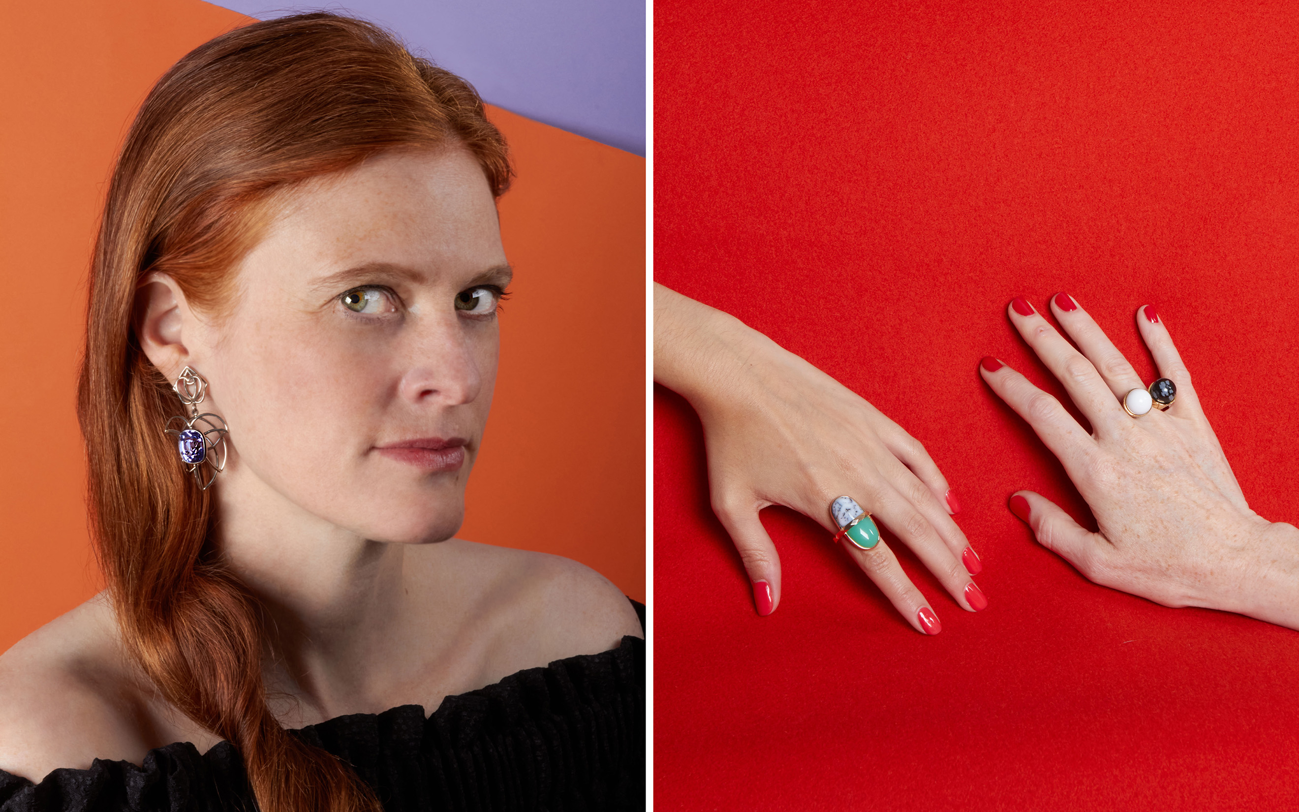 Sheibani wears Valence Plus earrings in white gold and tanzanites, from the collection of the same name. Right, a Lozenger ring in red gold, chrysoprase and dendritic agate, from the Colour and Contradiction collection, and an Ice Cream ring in snowflake obsidian and cacholong, from the Copper Mould collection