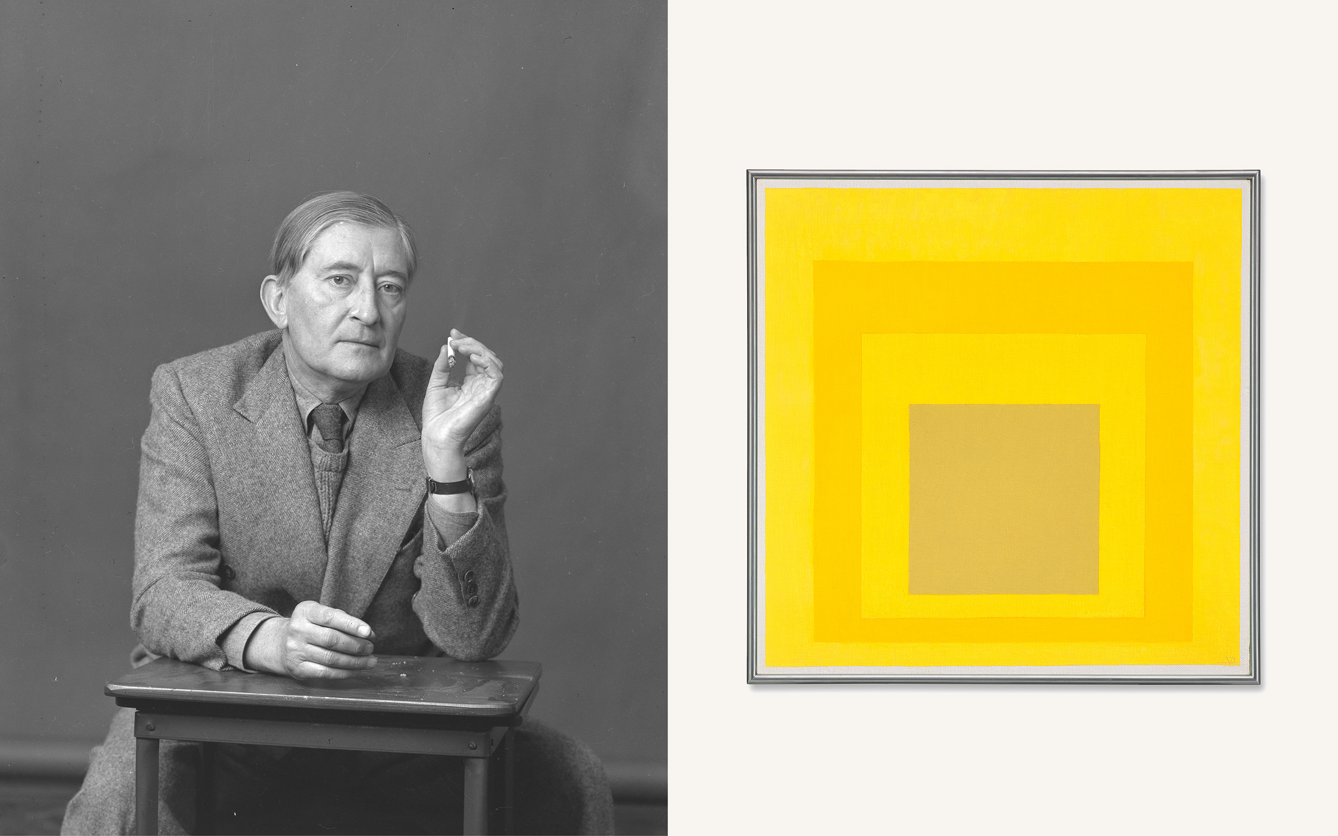 Josef Albers in 1948. Right: Josef Albers, Study for Homage to the Square: Warm Silence, 1971, offered in the 20th/21st Century: London Evening Sale on 14 October 2026 at Christie's in London
