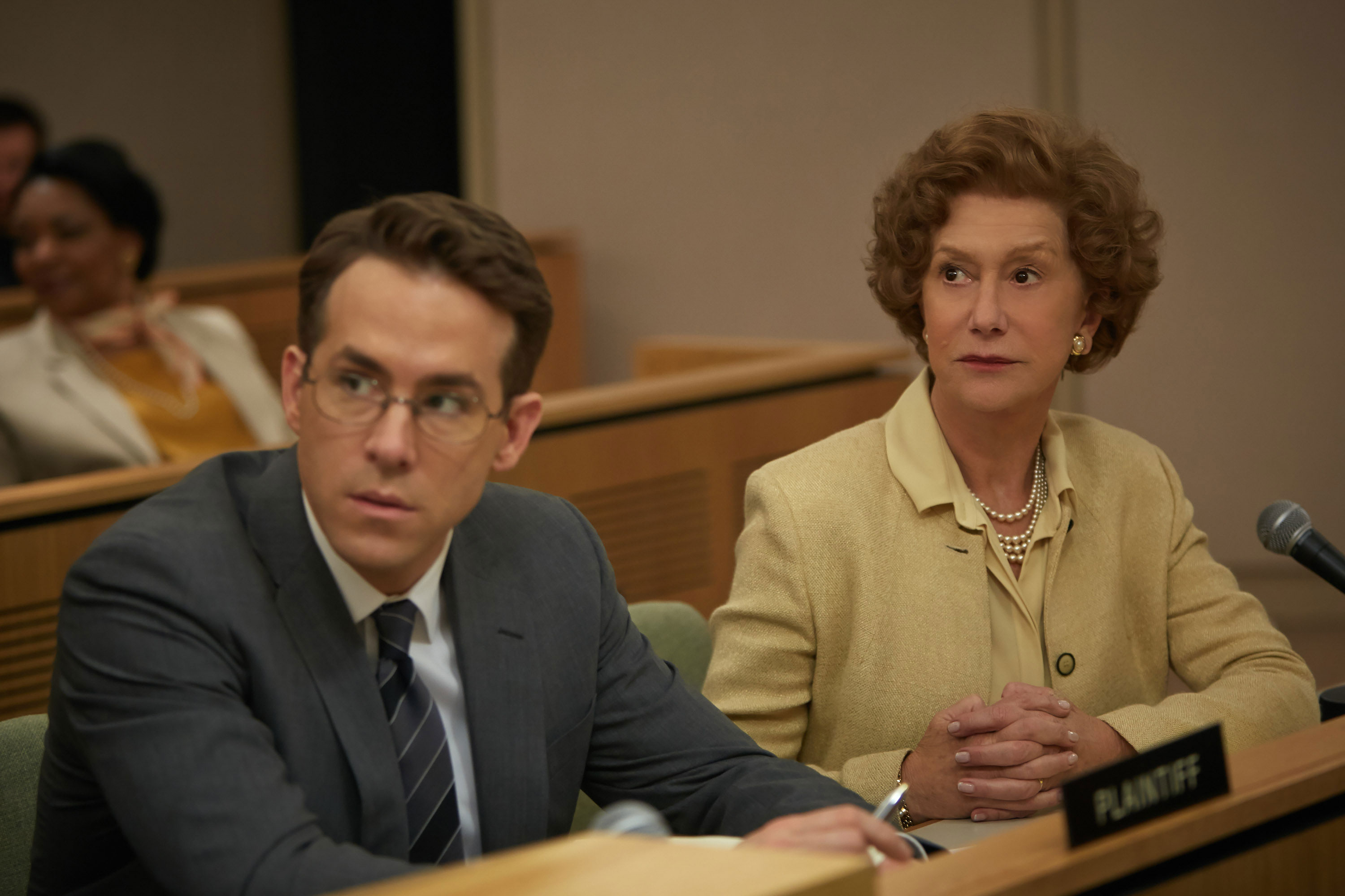 A courtroom scene from Woman in Gold (2015), starring Helen Mirren as Maria Altmann, the niece of Klimt’s muse, and Ryan Reynolds as E Randol ‘Randy’ Schoenberg, her lawyer. Photo: Robert Viglasky