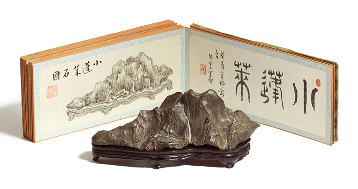 3016-a-small-japanese-furuyaishi-rock-mountain-accompanied-with-a-mounted-album-of-commentaries-by-various-connoisseurs