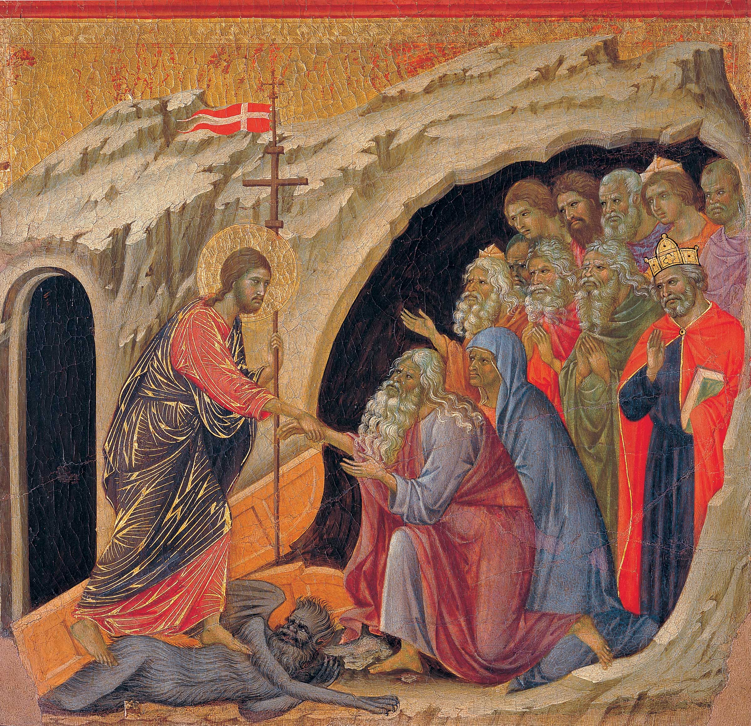 Duccio di Buoninsegna, (c.1278-1318), The Maestà front, 1308-1311 (tempera on panel detail), Duomo, Siena, Italy. This scene shows the descent to Limbo. Christ wears a red and blue cloth with golden heightening. Bridgeman Images