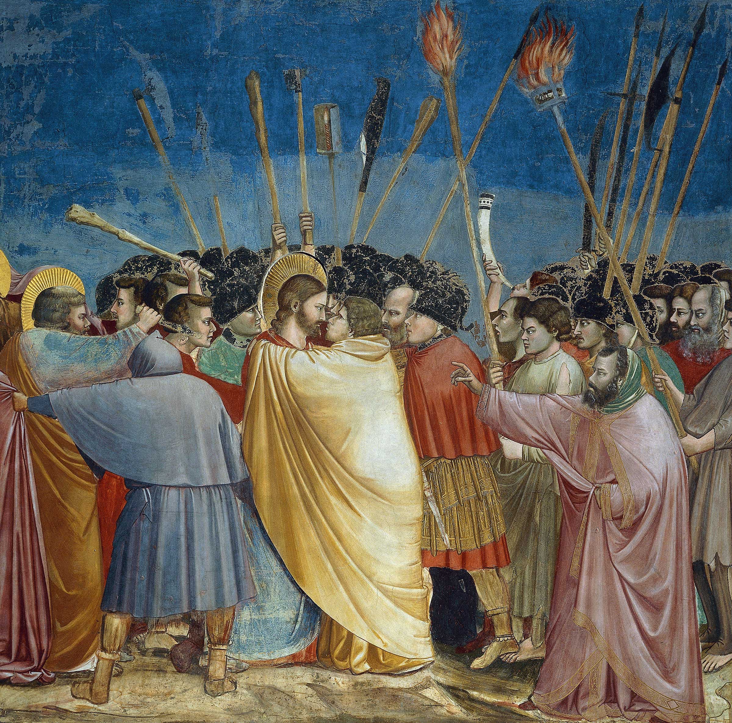 Giotto, Kiss of Judas, part of the Arena Chapel fresco cycle in Padua, 1303–05. De Agostini Picture Library / A. Dagli Orti / Bridgeman Images