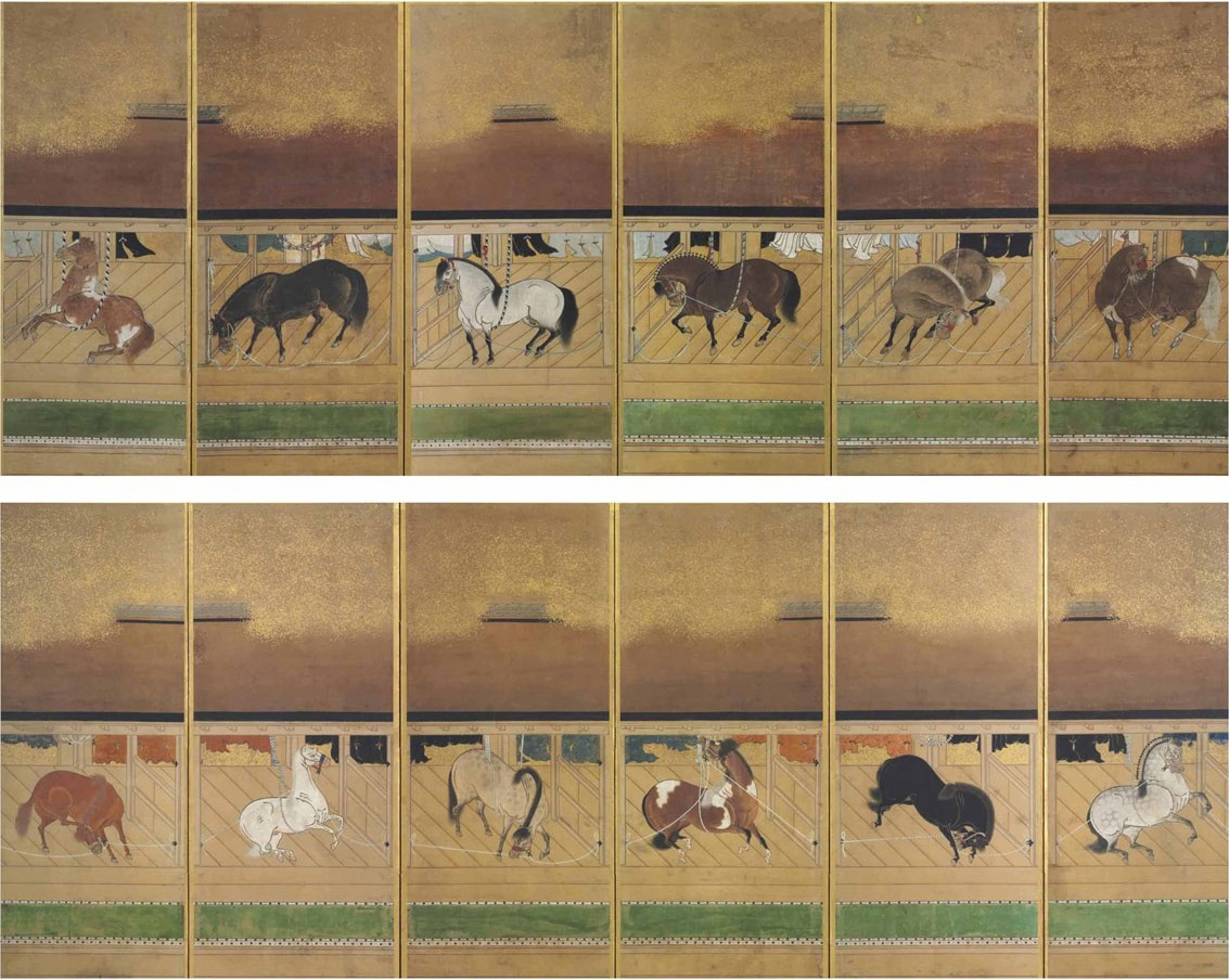 
Anonymous (17th century), Stable with fine horses. Twelve paintings mounted as a pair of six-panel screens. Ink, colour and gold flecks on paper 52 x 19 &frac34; in (132.1 x 5.2 cm.) each approx. Sold for $75,000&nbsp;on 15 April 2016 at Christie&rsquo;s New York
