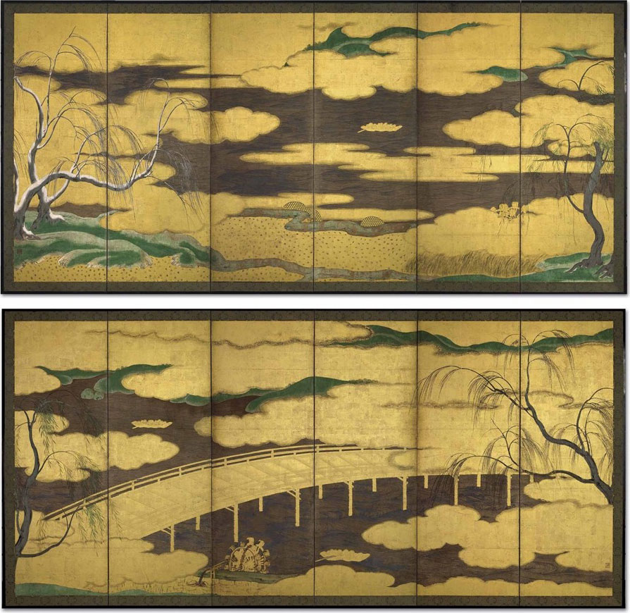 Attributed to Hasegawa Tohaku (1539-1610), Willows and Uji River. Pair of six-panel screens. Ink, colour, gold, silver and gold leaf on paper. 62&frac34; x 139&frac12; in (159.4 x 354.3 cm) each. Sold for $605,000 on 22 April 2015 at Christie&rsquo;s New York