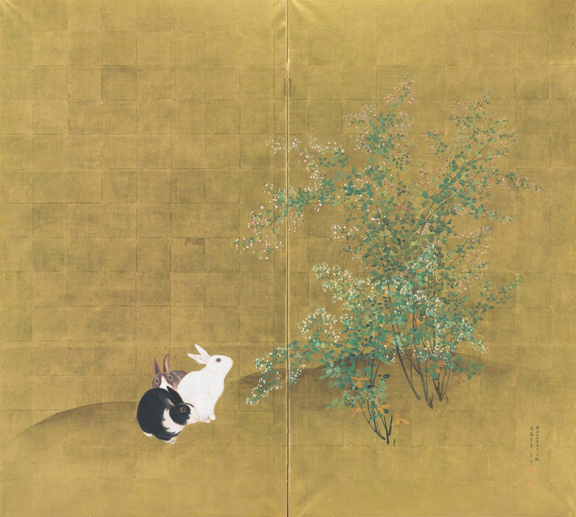 
Mori Kansai (1814-1894), Rabbits, 1881. Two-panel screen. Ink, colour and gold leaf on paper. 65&frac14; x 72&frac14; in (165.7 x 183.2 cm). Sold for $11,875 on 18 September 2013 at Christie&rsquo;s New York