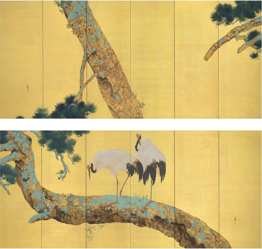 Yokoyama Taikan (1868-1958), Pine Trees and Cranes. Pair of six-panel screens. Ink, colour, gold and gold leaf on paper. 67 x 151⅛&nbsp;in (170.2 x 383.9 cm.) each (2). Sold for $267,750 on 20 March 2013 at Christie&rsquo;s New York