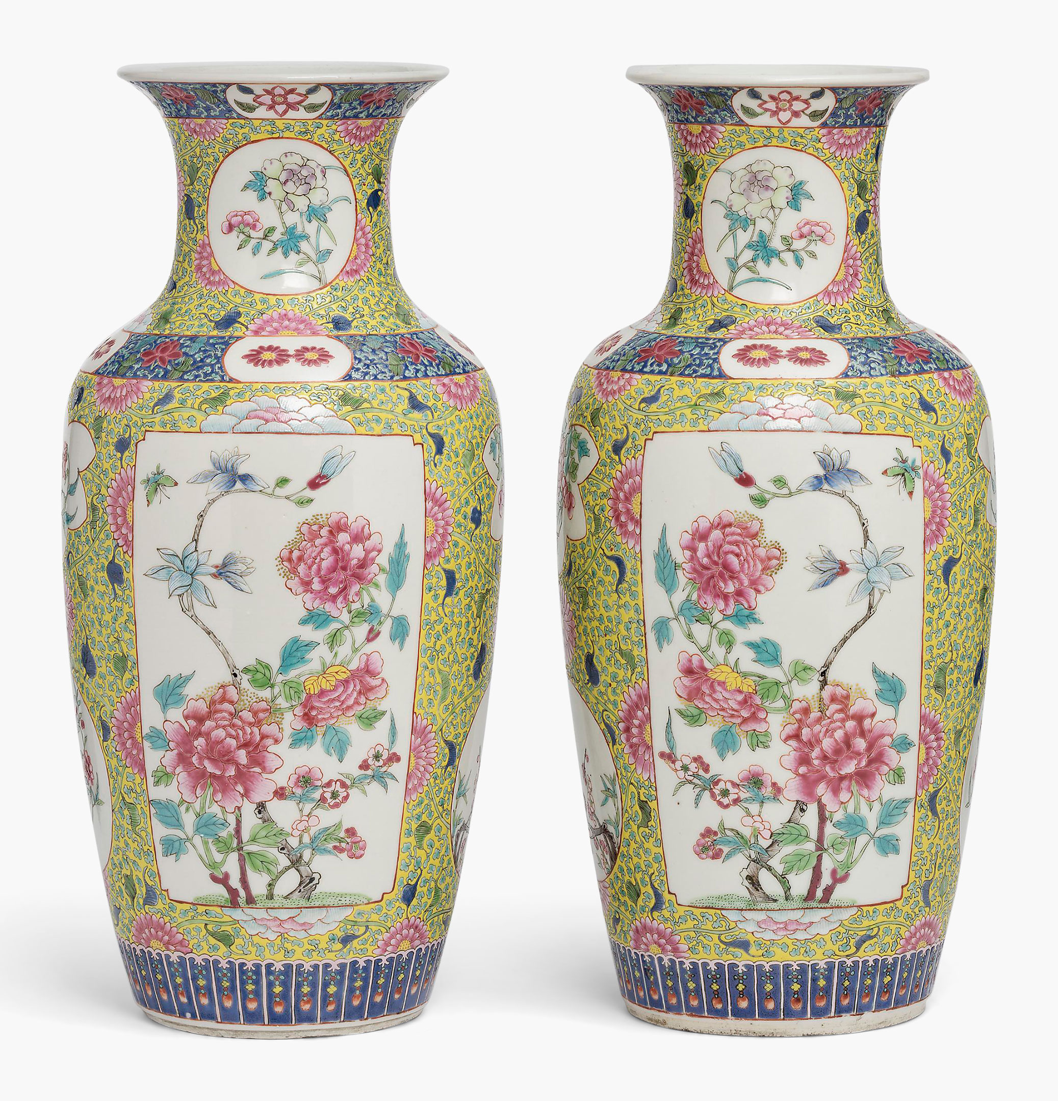 A pair of famille rose yellow-ground vases. China, 19th century. 16 7/8 in. (43 cm.) high. Estimate: $5,000&ndash;7,000. This work is offered in the Asian Art Inspired by Nature online auction on 19&ndash;28 April
