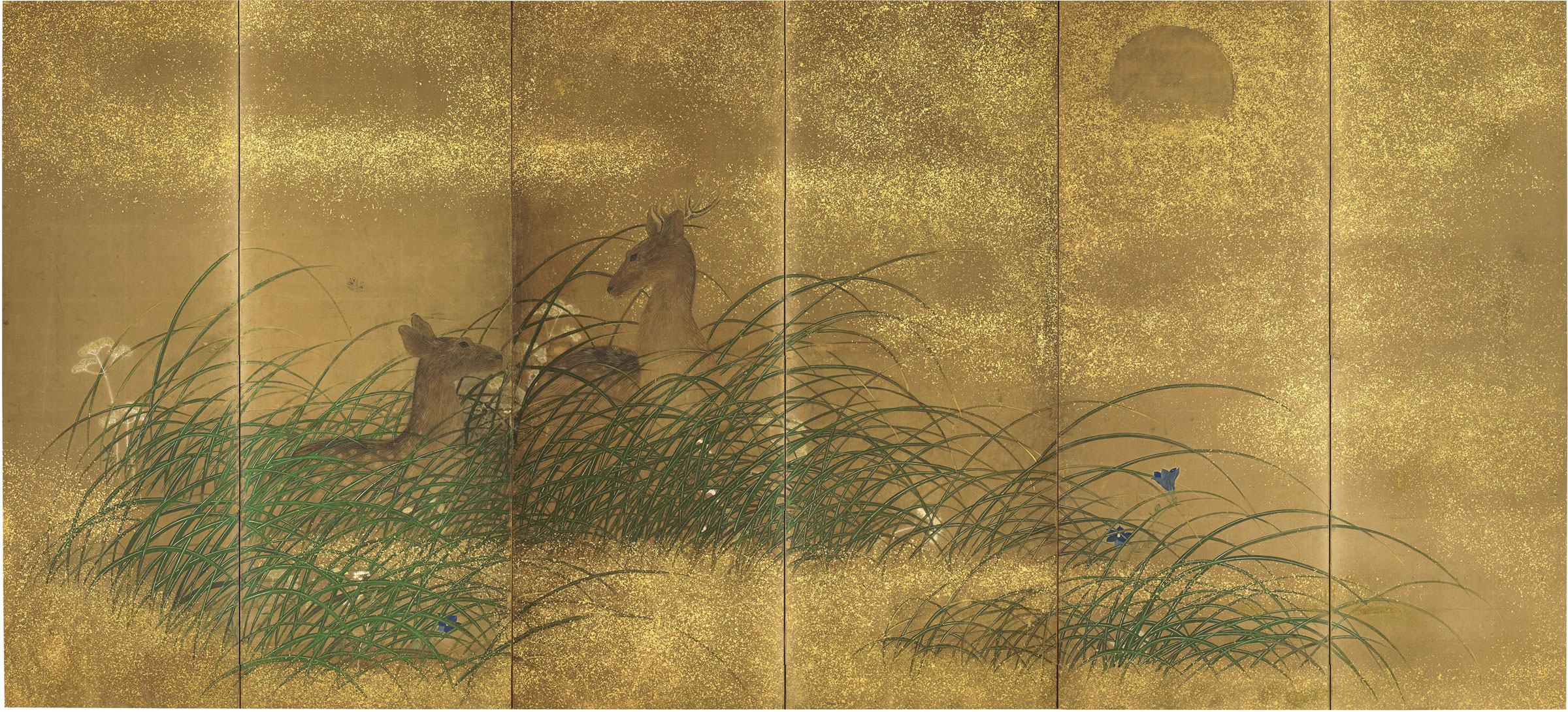 A six-fold screen depicting deer amongst grasses beneath the moon. Japan, Meiji period (late 19th century). 65 x 134 3/4 in. (165 x 342 cm.) Estimate: $8,000&ndash;10,000. This work is offered in the Asian Art Inspired by Nature online auction on 19&ndash;28 April