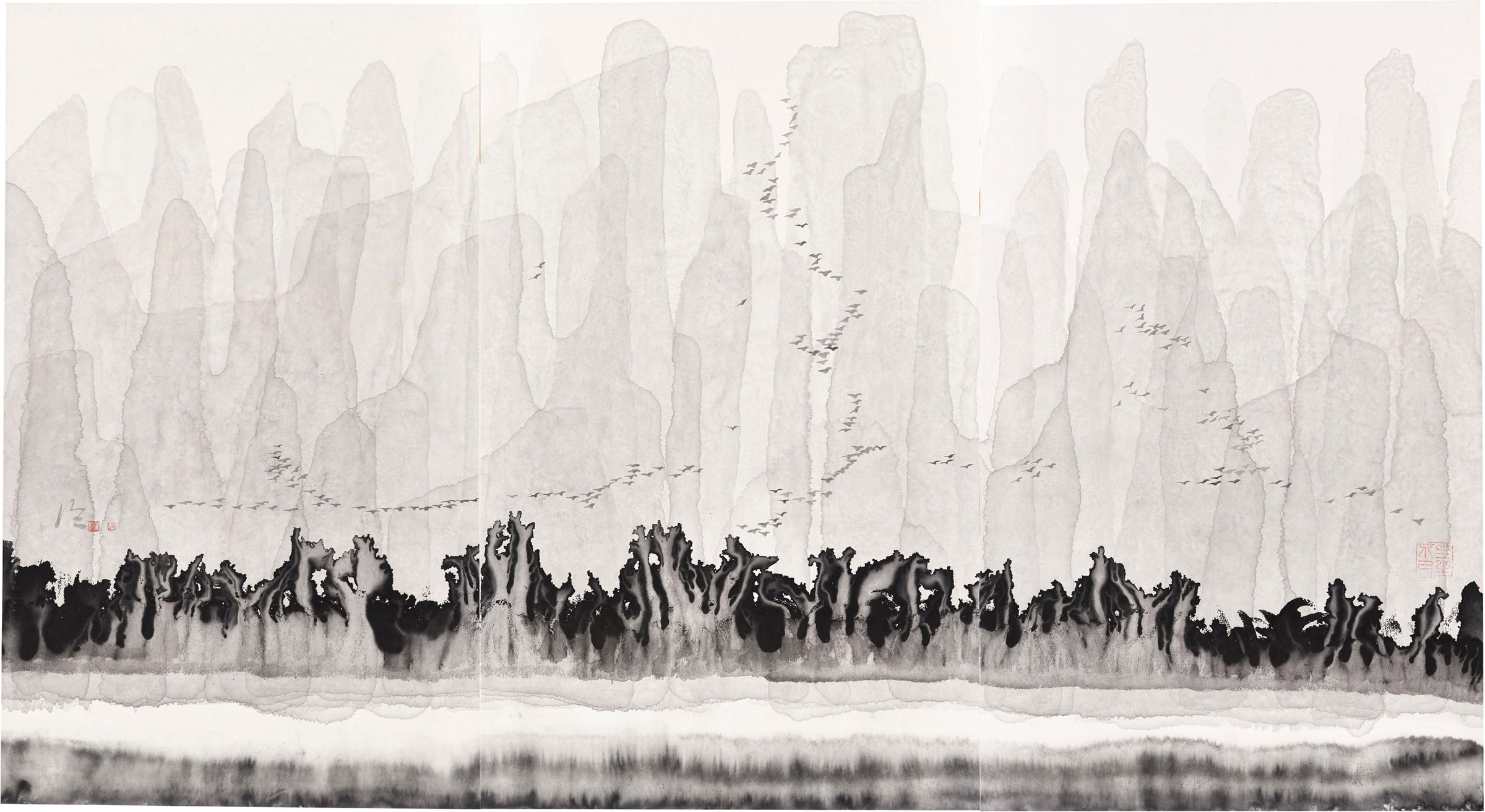 Chen Jialing (b. 1937), By the Mountain, by the Water. A set of three mounted scrolls, ink on paper. Each scroll measures 37 3/4 x 23 3/8 in. (96 x 59.5 cm.) Estimate: $9,000–12,000. This work is offered in the Asian Art Inspired by Nature online auction on 19–28 April