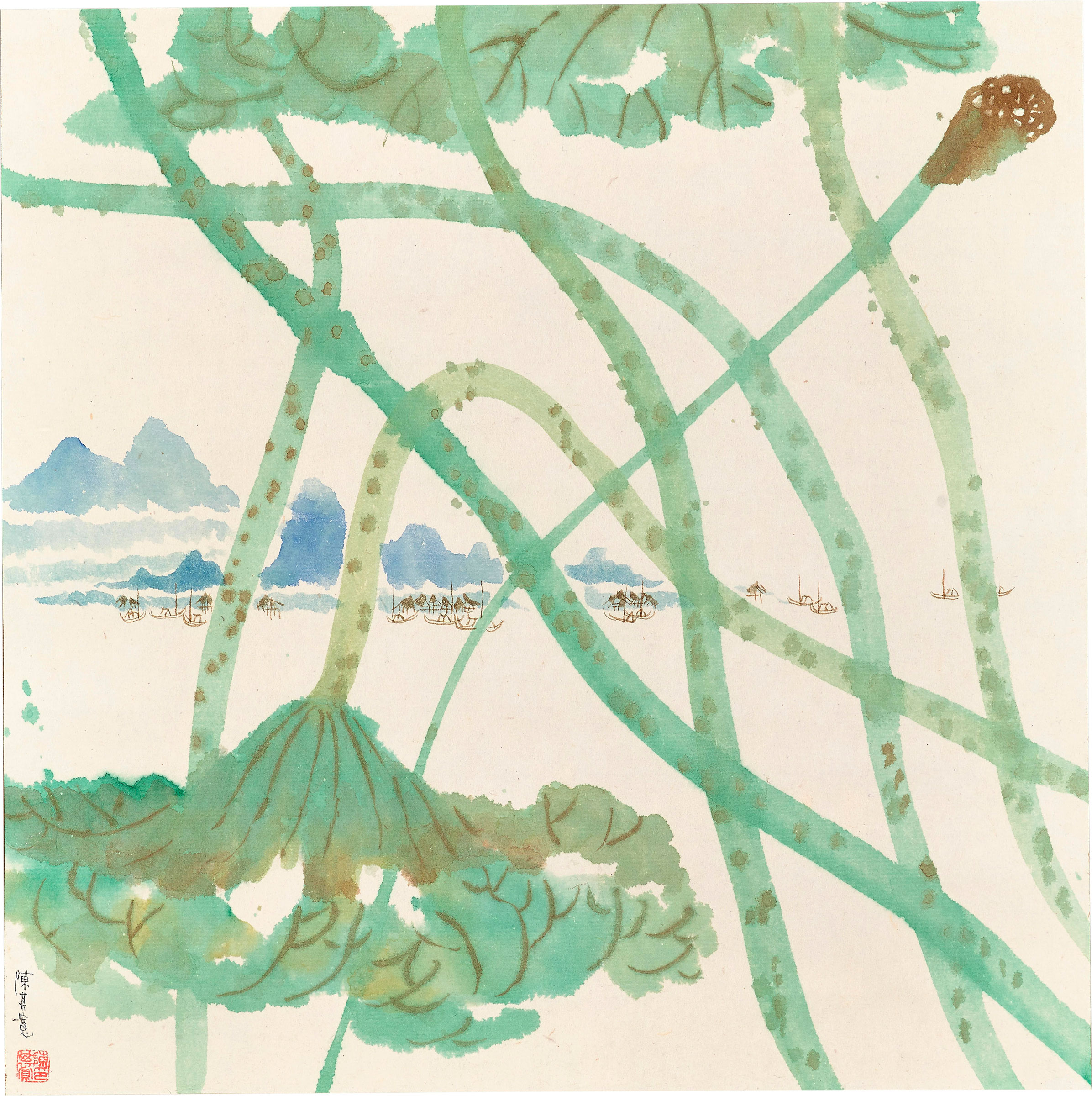 Chen Qikuan (1921&ndash;2007), Lotus. Hanging scroll, ink and colour on paper. 12 3/8 x 12 1/4 in. (31.5 x 31 cm.) Estimate: $2,600&ndash;3,800. This work is offered in the Asian Art Inspired by Nature online auction on 19&ndash;28 April