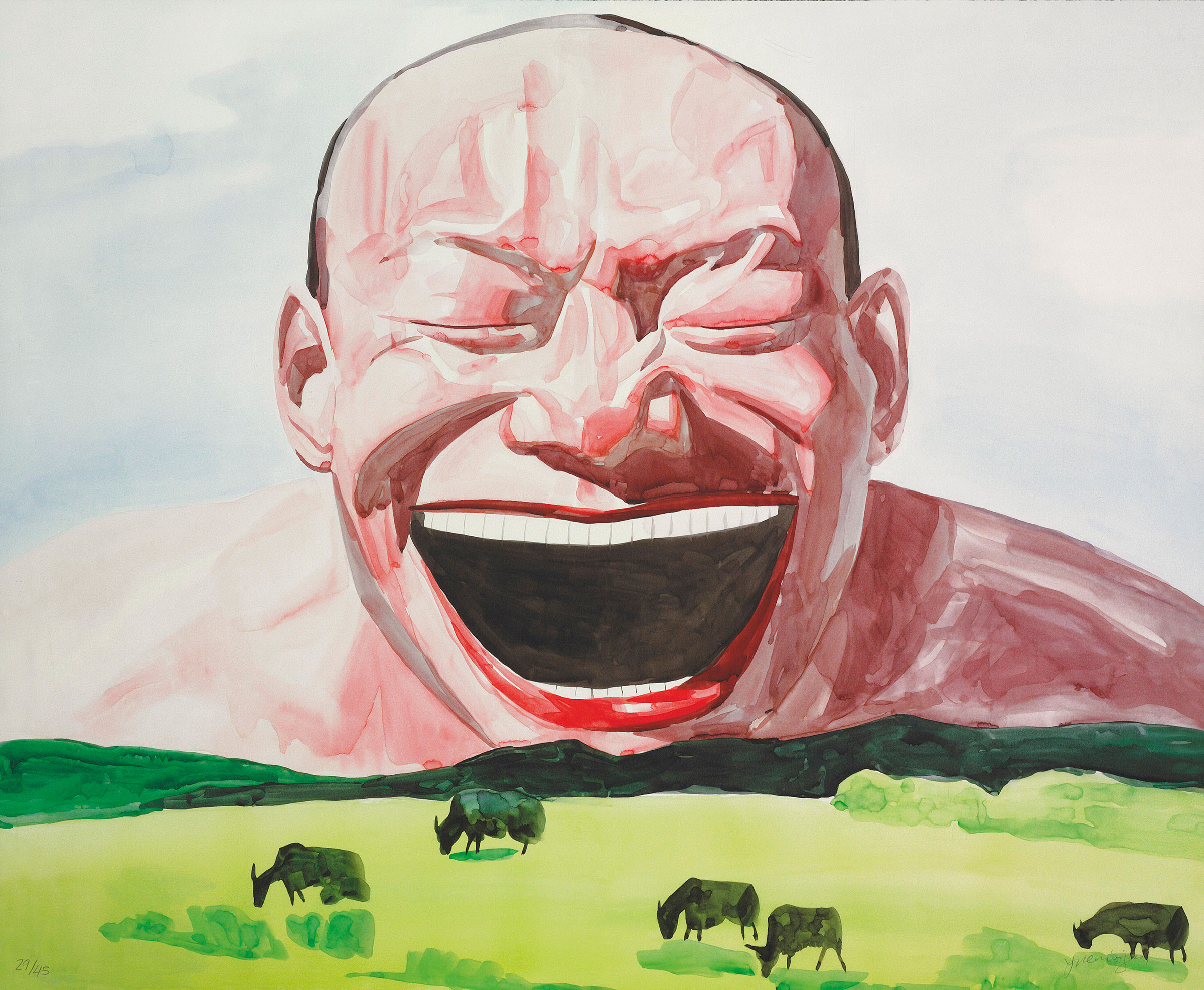 Yue Minjun (b. 1962), Your Smile is a Sunny Day. 34 5/8 x 42 ¾ in. (88 x 108.5 cm.) Estimate: $3,000–5,000. This work is offered in the Asian Art Inspired by Nature online auction on 19–28 April