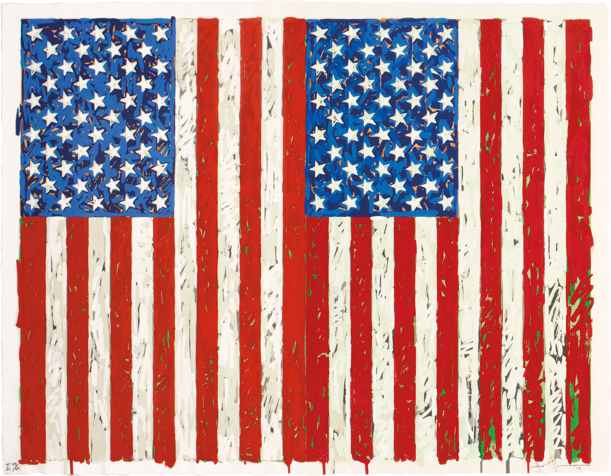 Jasper Johns (b. 1930), Flags I, 1973. Screenprint in colours, on J.B. Green paper, signed, titled and dated in pencil, numbered 59/65 (there were also 7 artist's proofs), co-published by the artist and Simca Print Artists, Inc., New York, with their blindstamp, the full sheet, in very good condition, framed. Sheet: 27 3/8 x 35 ¼ in. (695 x 895 mm.) Estimate: $800,000-1,200,000. This work is offered in Prints & Multiples, 26-27 April at Christie’s New York