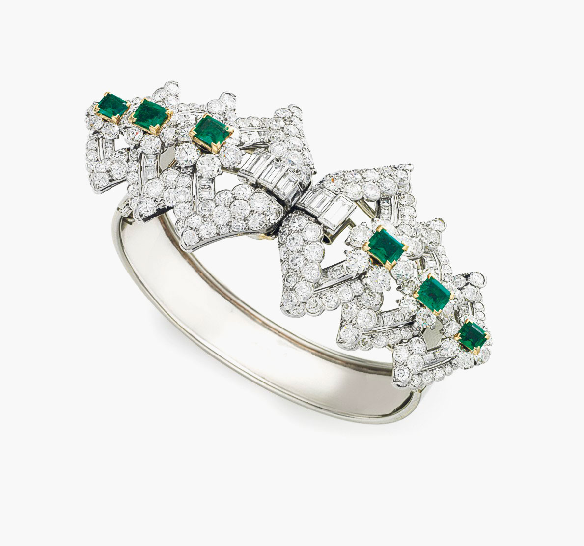 An Art Deco diamond and emerald bangle bracelet, by Cartier. Estimate: $20,000–30,000. This piece is offered in Magnificent Jewels & the Jubilee Ruby on 20 April at Christie’s New York