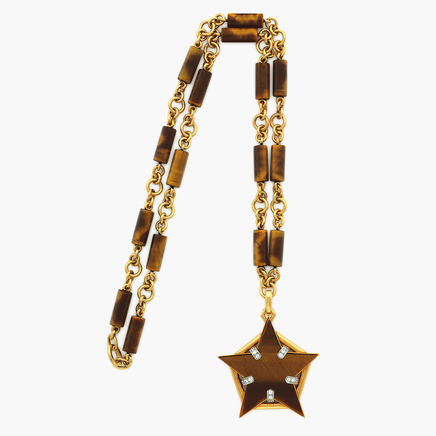 A set of Tiger’s eye quartz, diamond and gold jewellery, by David Webb. Estimate: $8,000-12,000.