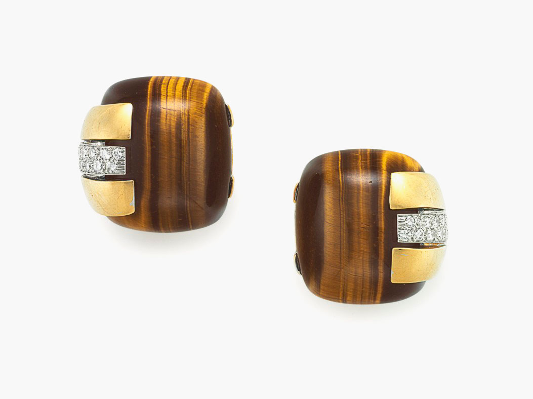 A Tiger’s eye quartz, diamond and gold cuff bracelet, by David Webb. Estimate: $10,000-15,000. These pieces are offered in Magnificent Jewels & the Jubilee Ruby on 20 April at Christie’s New York