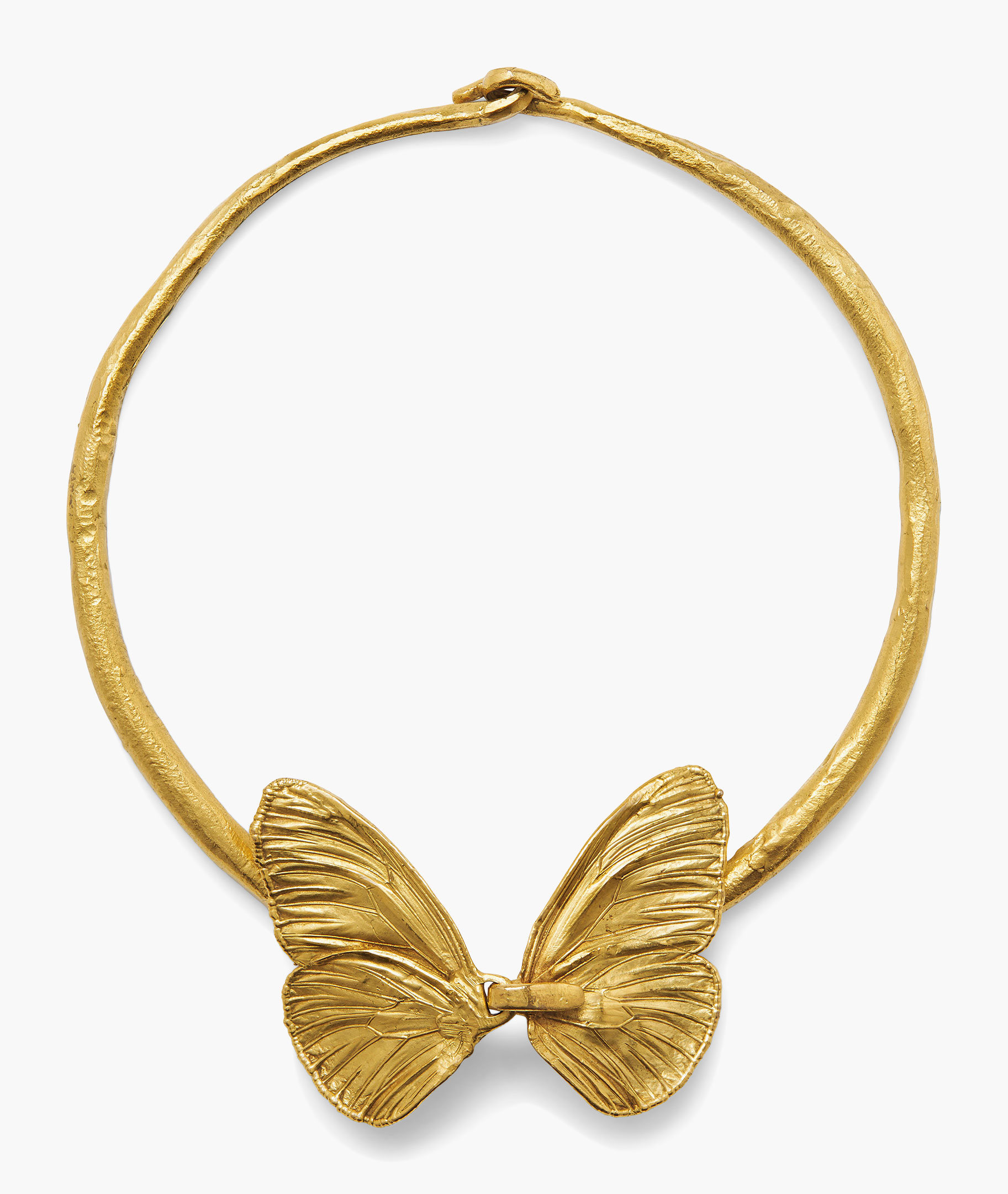 Claude Lalanne (b. 1925), Papillon necklace, circa 1989. Gilt bronze. Butterfly: 4⅞ x 5 in. (12.3 x 12.5 cm.) Estimate: $4,000-6,000. This work is offered in Art as Jewellery, 6-18 May, Online