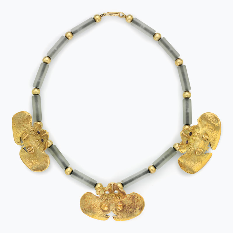 Roberto Matta (1911-2002), Cacastrello,&nbsp;1974. Gold and glass-bead necklace with gold pendants in the shape of bats inlaid with diamond, moissanite, and rubies, 13&frac34;&nbsp;in. (34.9 cm.) long. Estimate: $20,000-30,000. This work is offered in Art as Jewellery, 6-18 May, Online