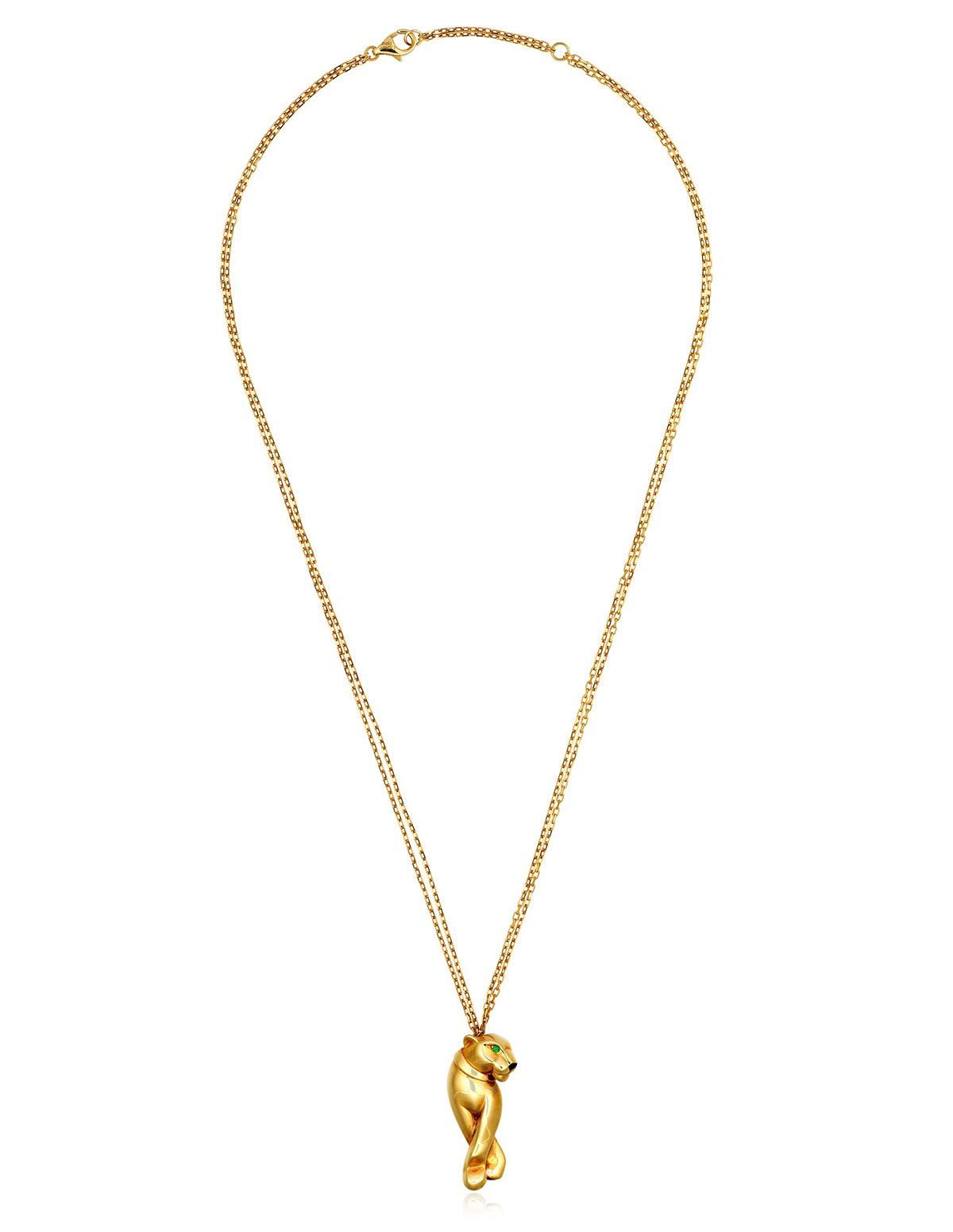 Cartier garnet and onyx 'Panthère' pendant necklace. Suspending a yellow gold panther with tsavorite garnet eyes and onyx nose, on a double chain necklace. Estimate: $8,000 – 12,000 HKD
