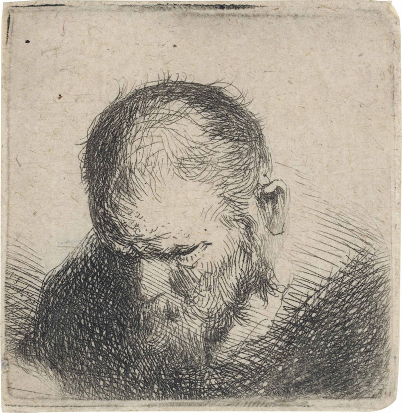 Workshop of Rembrandt Harmensz. Van Rijn, Old Bearded Man Looking Down. Plate 44 x 44 mm., sheet 45 x 45 mm. Estimate: £1,500-2,500. This lot is offered in Fifty Prints by Rembrandt van Rijn A Private English Collection on 5 July 2016 at Christie’s in London, King Street