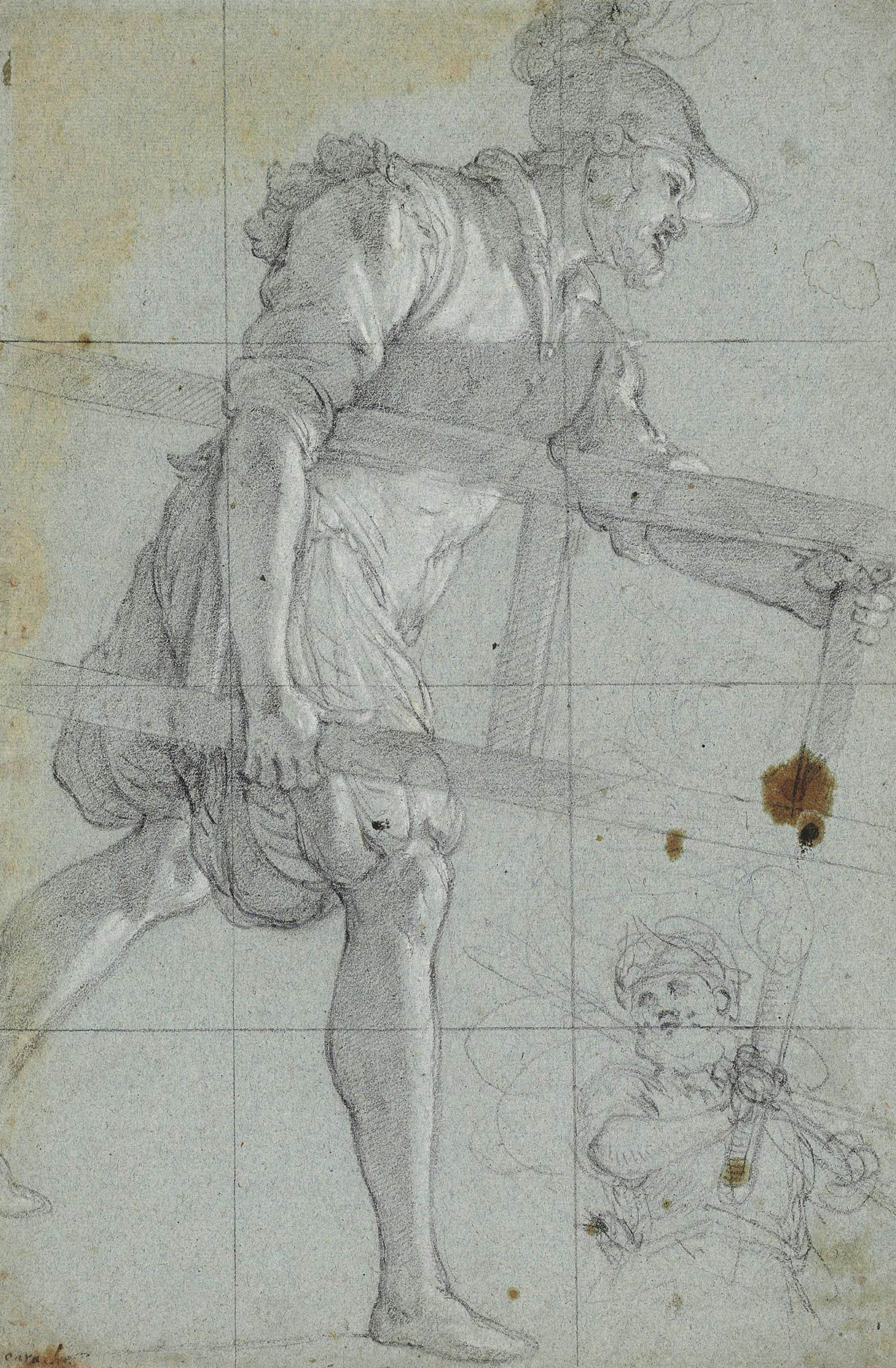 阿戈斯提諾‧坎佩里(1565年生於佛羅倫斯,1630年卒於羅馬) 《抬著長梯的士兵及手持火把的男人習作(正面);幾幅零碎習作(背面)》  黑色粉筆 白色修飾 藍色紙本  黑色粉筆格線  圓框馬形水印  無框。15⅞ x 10½吋 (40.3 x 26.7公分)。估價:20,000-30,000英鎊。佳士得倫敦於9月27日舉行的「布萊恩‧修耶爾─藝術評論及收藏家」拍賣呈獻此作品。