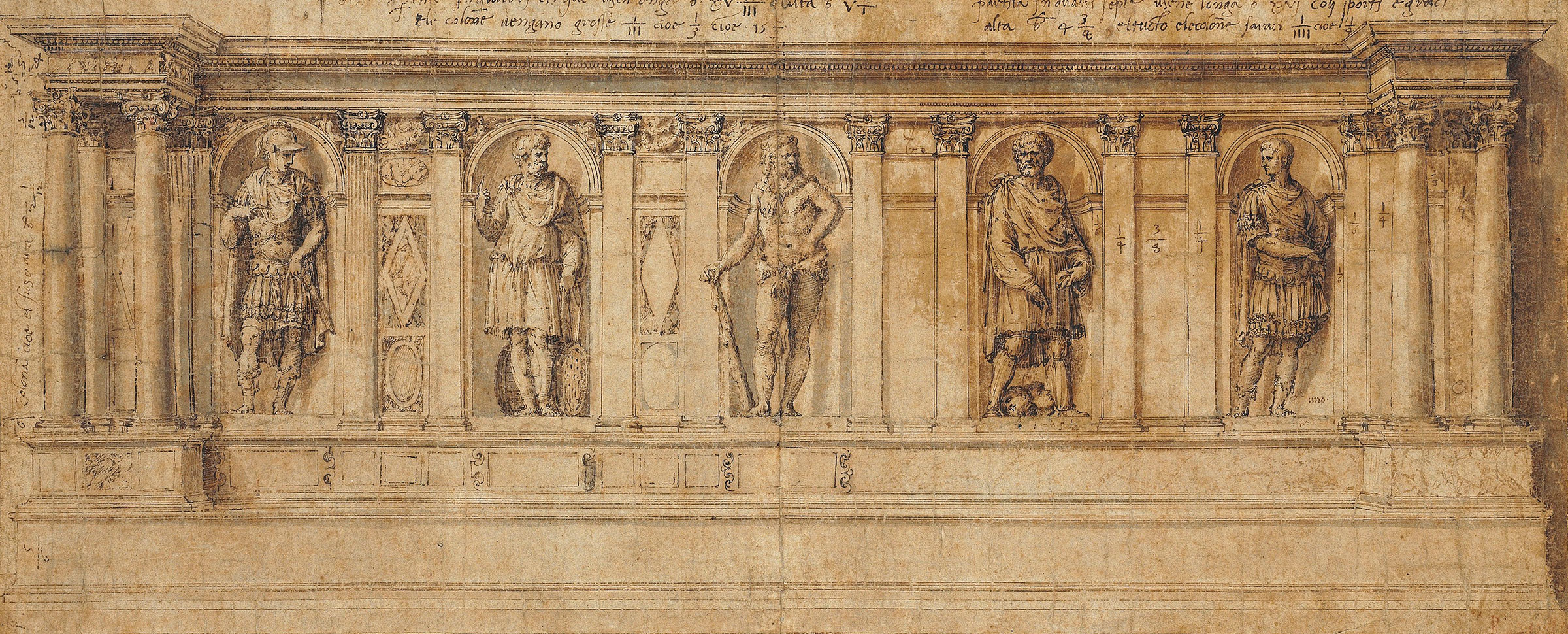 Baldassare Peruzzi (Ancaiano 1481-1536 Rome), Design for a Bench: the five niches containing figures of ancient heroes (left to right): A young hero, Marcus Atilius Regulus, Hercules, Lucius Junius Brutus and another hero (possibly Julius Caesar). Black chalk, pen and brown ink, brown and grey wash, unframed. 7&frac34; x 19 in (19.7 x 48.3 cm). Estimate: &pound;100,000&ndash;150,000. This work is offered in&nbsp;Brian Sewell: Critic &amp; Collector&nbsp;on 27 September at Christie&rsquo;s London
