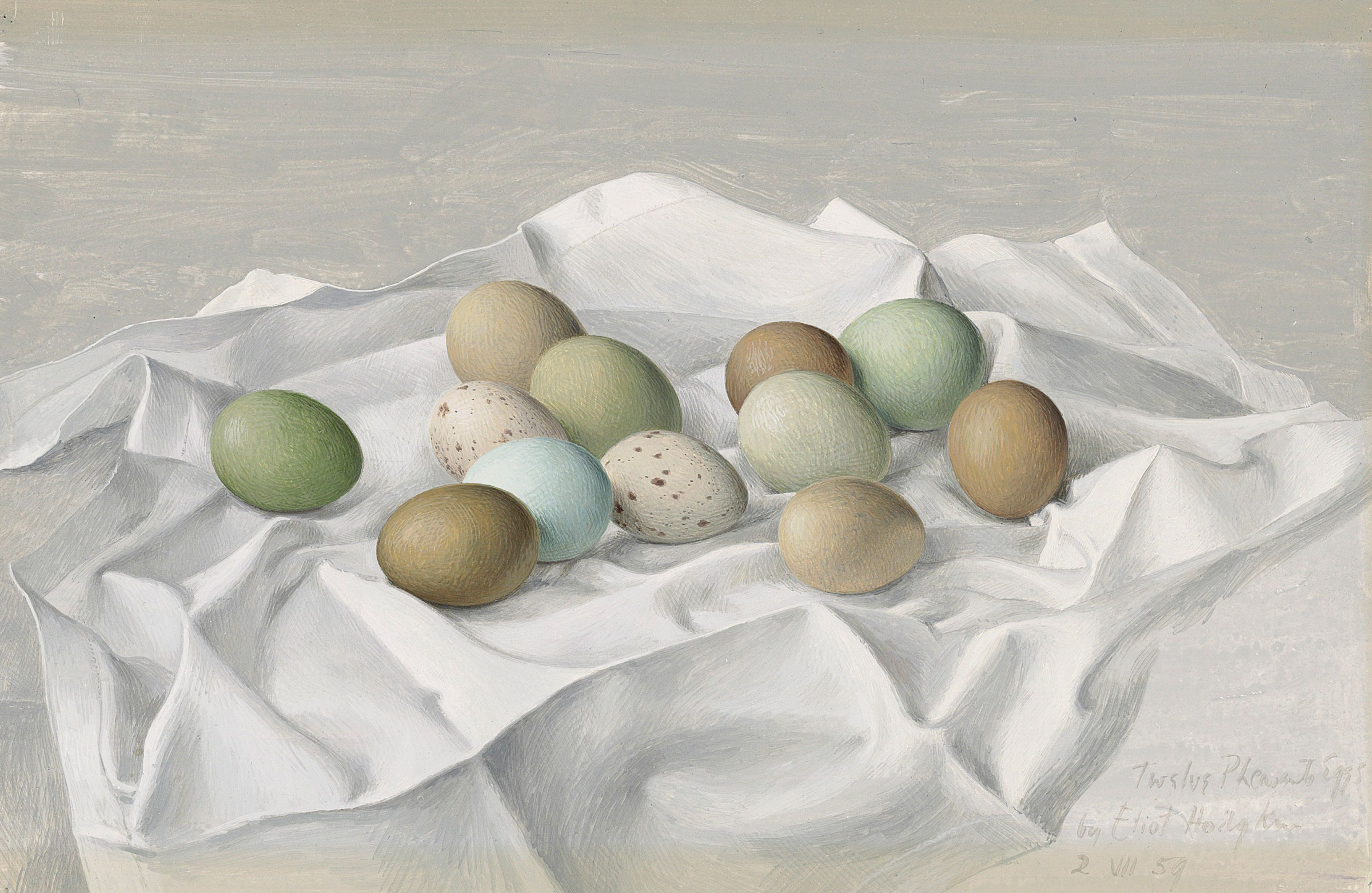 Eliot Hodgkin (Purley on Thames 1905-1987 London), Twelve Pheasant Eggs. Tempera on board. 10&frac12; x 16 in (26.5 x 40.8 cm). Estimate: &pound;20,000&ndash;30,000. This work is offered in Brian Sewell: Critic &amp; Collector on 27 September at Christie&rsquo;s London