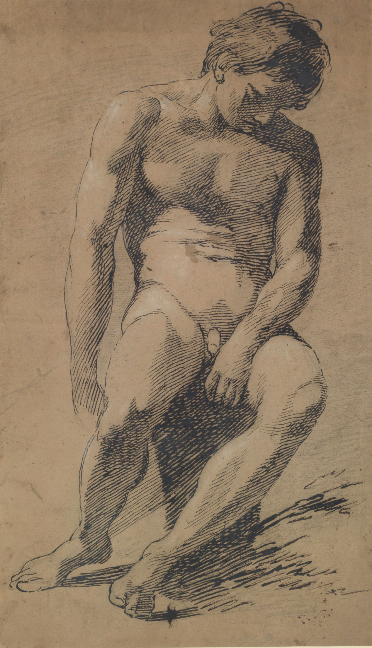 James Barry (1741 &ndash; 1806), Seated Male Nude. Pencil, black chalk, pen and black ink heightened with white chalk on buff paper. 16&frac34; x 9&frac34; in (42.5 x 24.7 cm). &pound;20,000&ndash;30,000. This work is offered in&nbsp;Brian Sewell: Critic &amp; Collector&nbsp;on 27 September at Christie&rsquo;s London