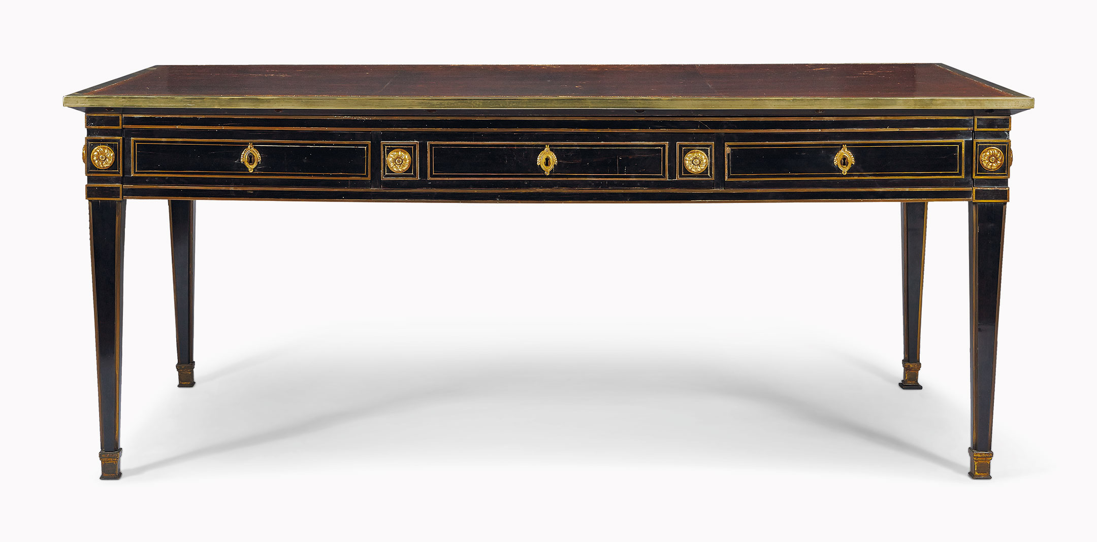 Bureau plat d'epoque Louis XVI. Estampille de Philippe-Claude Montigny. Hauteur: 80 cm (31 &frac12; in); largeur: 195 cm (76 &frac34; in); profondeur: 104 cm (41 in). Estimate: &euro;400,000-600,000. This lot is offered in Une Exceptionnelle Collection Europ&eacute;enne Mise en sc&egrave;ne par Emilio Terry on 15 September 2016 at Christie&rsquo;s in Paris