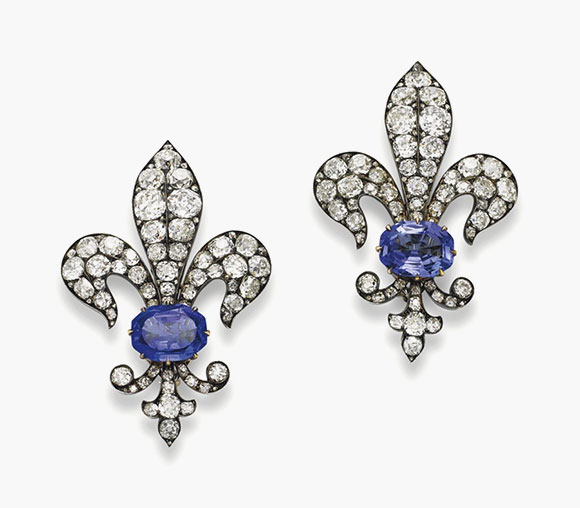 A pair of 19th-century sapphire and diamond brooches. Sold for SFr.81,250 on 15 November 2016