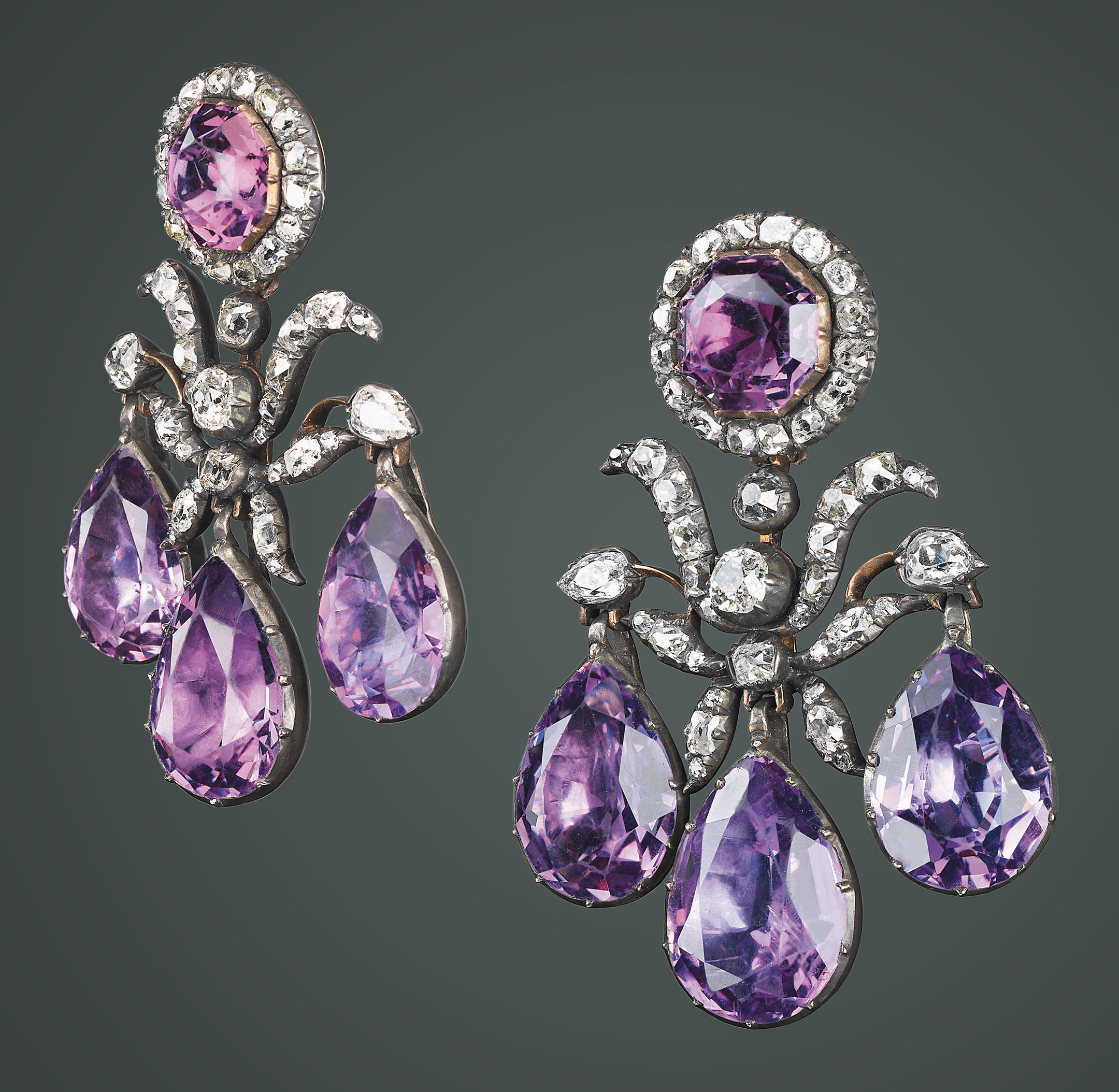 

A pair of amethyst and diamond girandole ear pendants, from the Russian State Jewels. Sold at Christie&rsquo;s London on 16 March 1927 and at Christie&rsquo;s Geneva, 15 November 2007