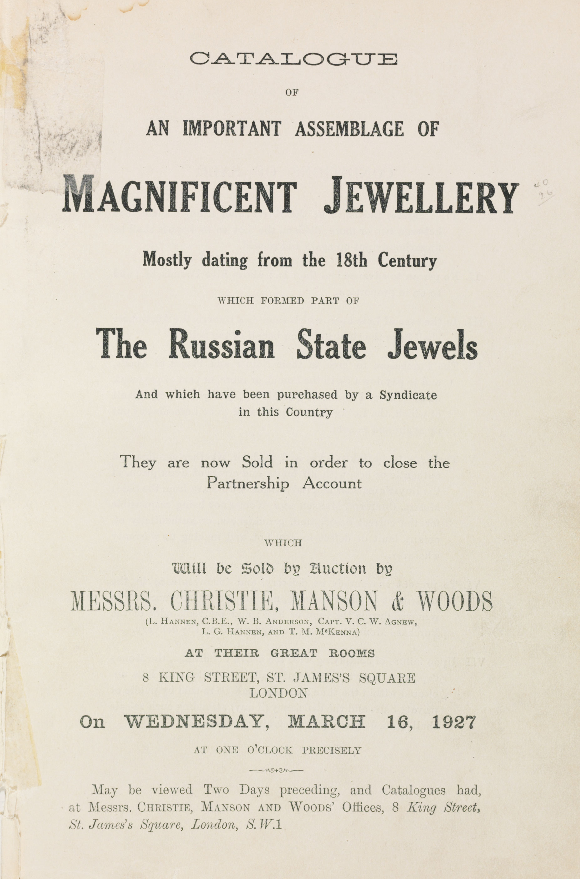 

Catalogue of the Russian State Jewels. Sold at Christie&rsquo;s London on 16 March 1927