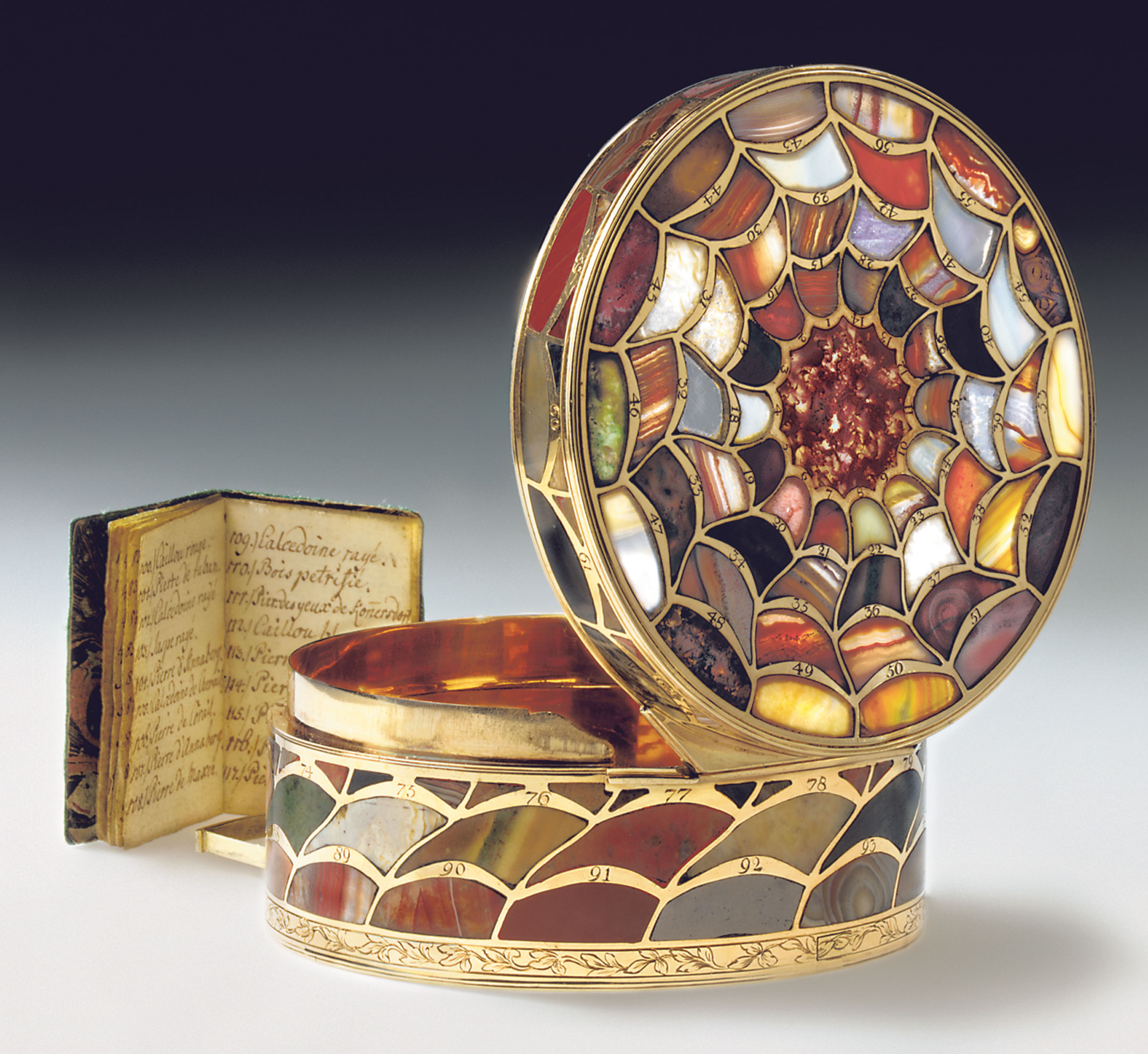 A Saxon ‘stein-cabinet’ and gold snuff-box, with secret compartment containing original stone specification booklet, by Christian Gottlieb Stiehl, Dresden, circa 1770-75. Sold for £789,250 at Christie’s London in December 2003
