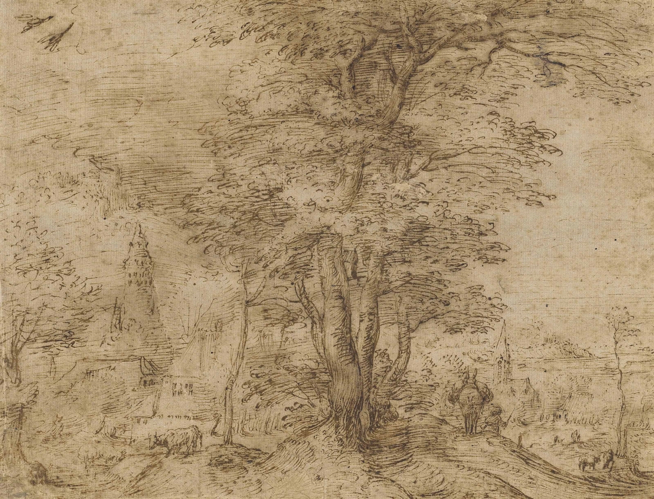 老彼得&middot;勃魯蓋爾（布雷達，1525-1569），《有幾棵樹和一頭騾的村莊》。鋼筆 啡色墨水 啡色水彩痕跡。7&frac34; x 10⅛吋(19.7 x 25.8公分)。此作於2015年7月7日售出，成交價1,082,500英鎊