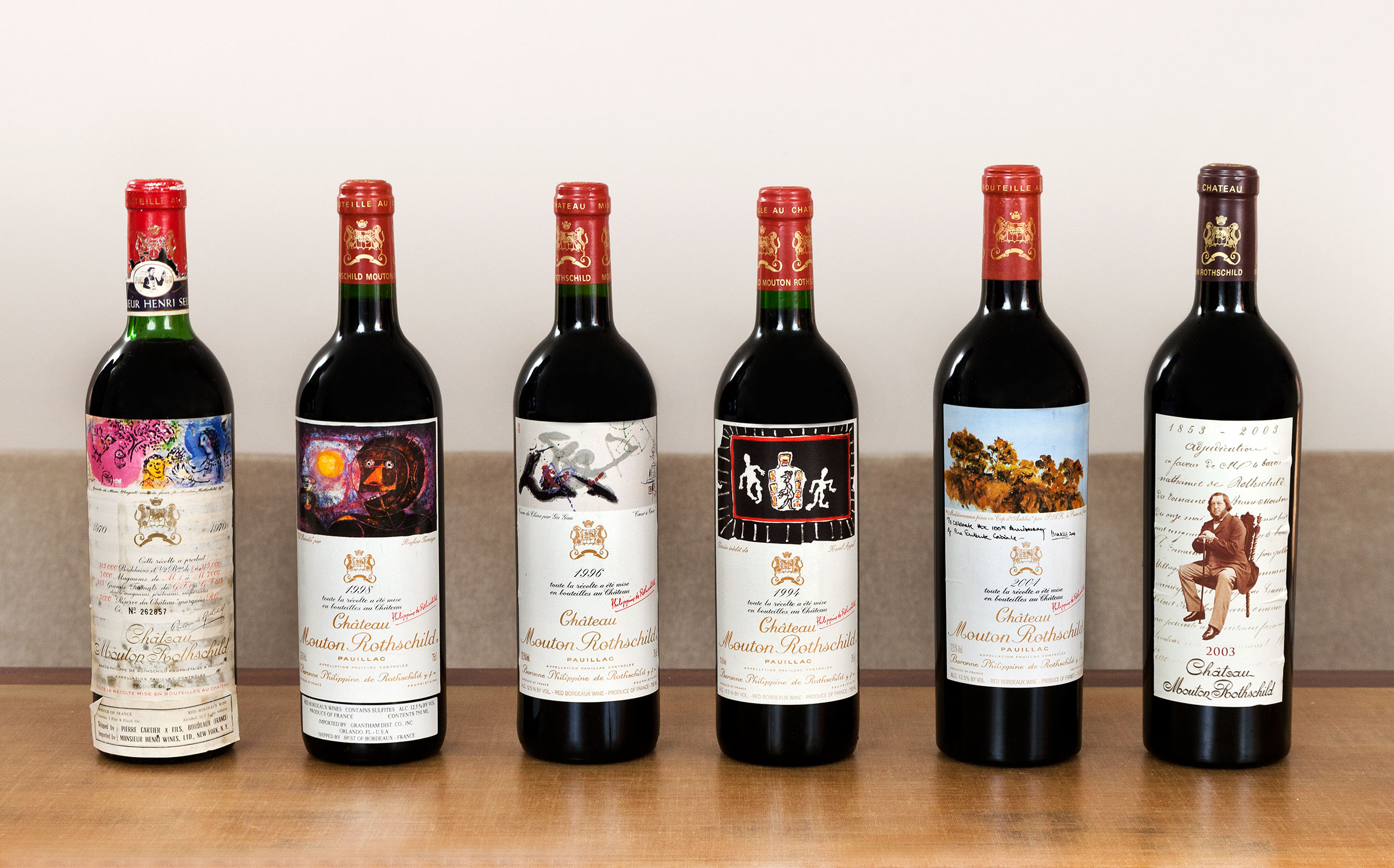 Château Mouton Rothschild. Pauillac, 1er cru classé: 1970, 1994, 1996, 1998 (2), 2003, 2004 (2). 8 bottles per lot. Estimate: $2,400-2,800. This lot is offered in Finest and Rarest Wines and Spirits on 9 December 2016 at Christie’s in New York, Rockefeller Plaza
