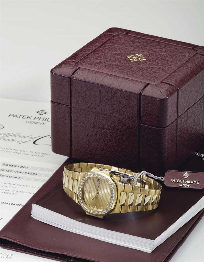 Patek Philippe. An 18k-gold automatic diamond-set wristwatch with date, centre seconds and bracelet. Signed Patek Philippe, Gen&egrave;ve, Nautilus Model, Ref. 3800/3J, Movement No. 3'025'177, Case No. 4'018'449, Manufactured in 1998. This lot was offered in Rare Watches including NAUTILUS 40 part IV on 6 December 2016 at Christie&rsquo;s in New York and sold for $21,250